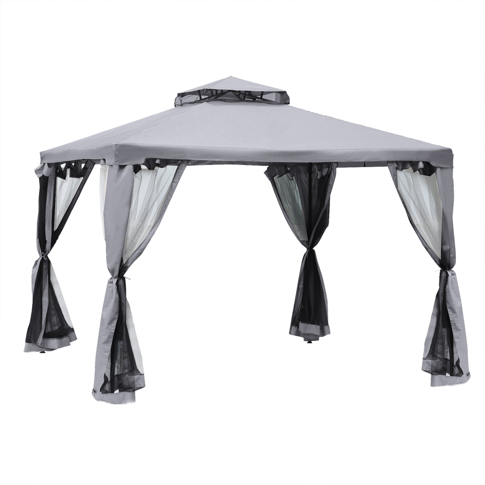 Outsunny Cenador de Jardín 3x3 m Pabellón de Exterior con Doble Techo de Ventilación 4 Cortinas Mosquiteras Laterales con Cremallera 8 Orificios de Drenaje Gazebo para Fiestas Patio Gris