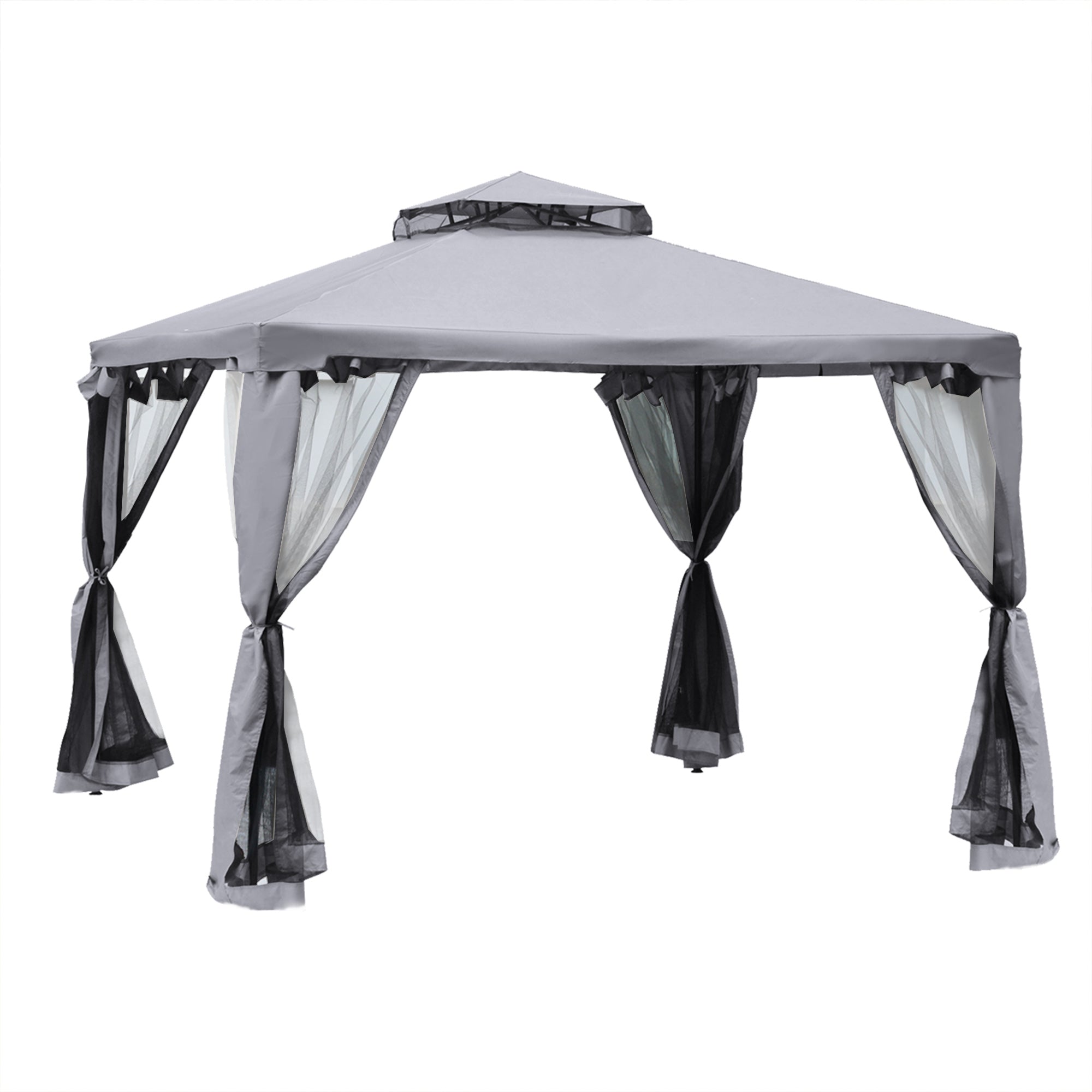 Outsunny Cenador de Jardín 3x3 m Pabellón de Exterior con Doble Techo de Ventilación 4 Cortinas Mosquiteras Laterales con Cremallera 8 Orificios de Drenaje Gazebo para Fiestas Patio Gris