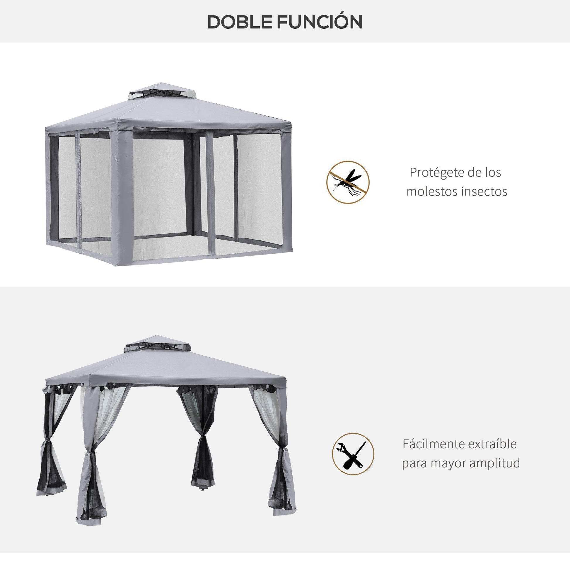 Outsunny Cenador de Jardín 3x3 m Pabellón de Exterior con Doble Techo de Ventilación 4 Cortinas Mosquiteras Laterales con Cremallera 8 Orificios de Drenaje Gazebo para Fiestas Patio Gris