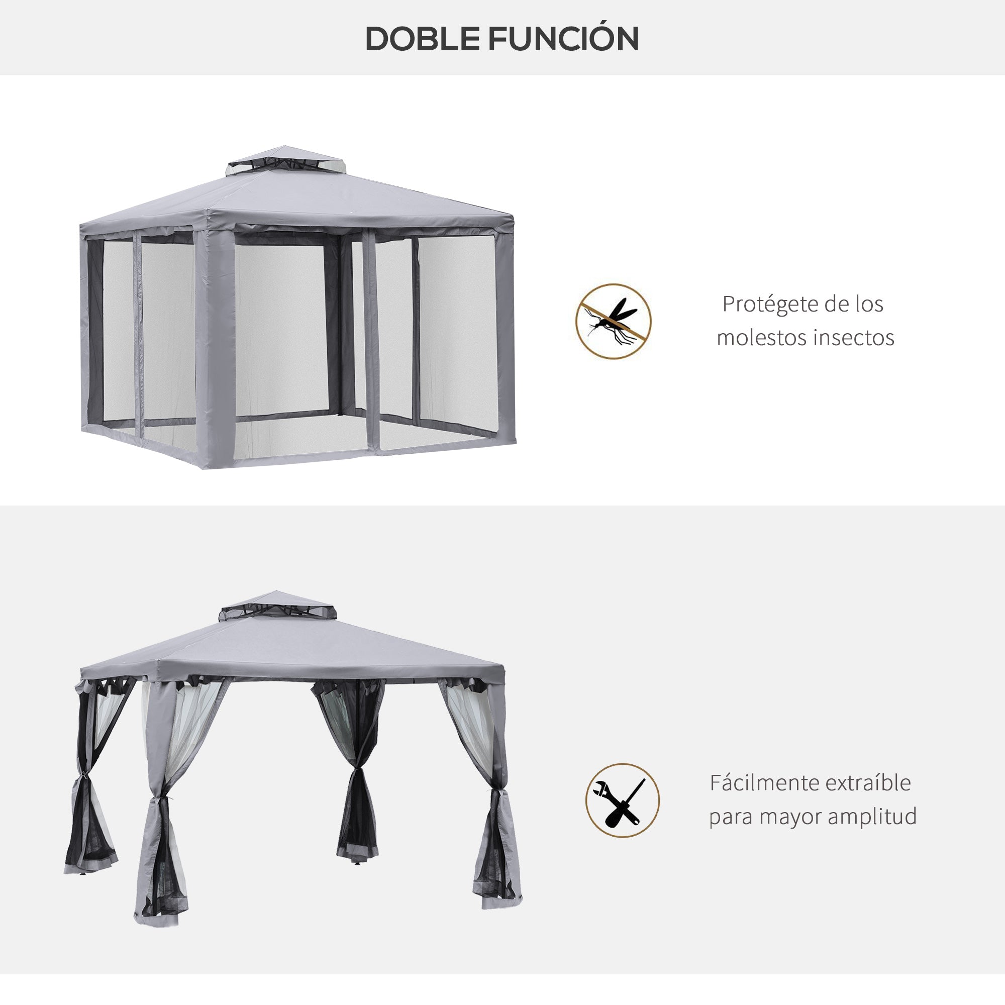 Outsunny Cenador de Jardín 3x3 m Pabellón de Exterior con Doble Techo de Ventilación 4 Cortinas Mosquiteras Laterales con Cremallera 8 Orificios de Drenaje Gazebo para Fiestas Patio Gris