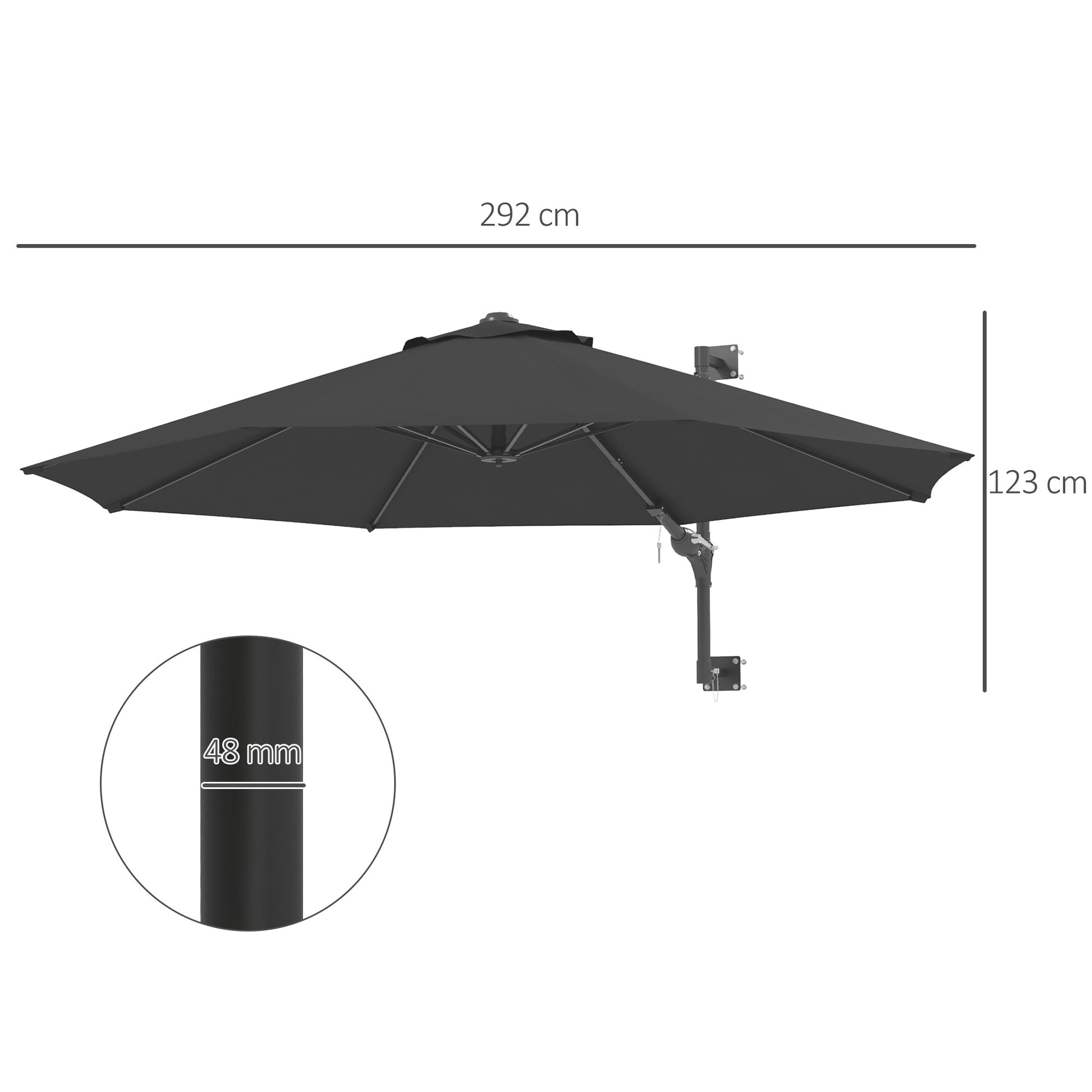 Outsunny Sombrilla de Pared Ø292 cm Giratoria 180° Sombrilla Terraza Exterior con Manivela Barra de Metal Paraguas y Ventilación para Playa Jardín Patio Exterior Gris Oscuro
