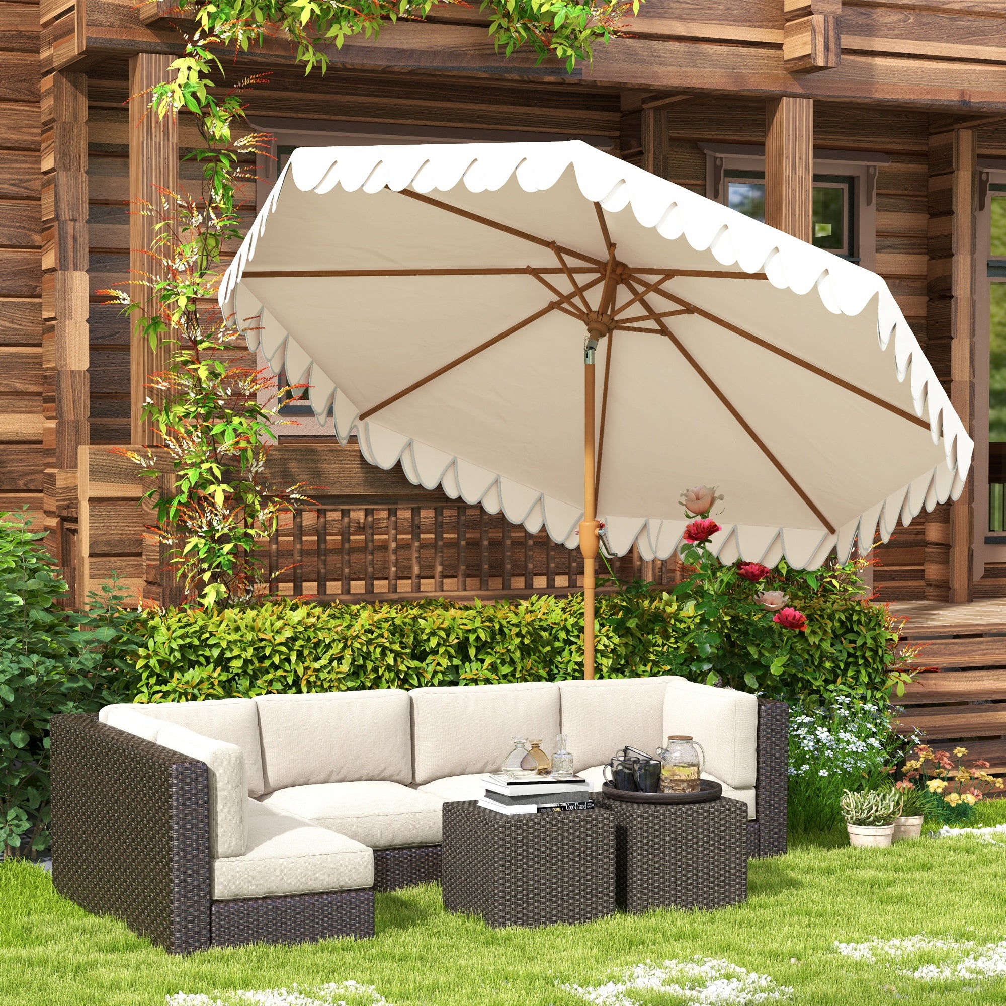 Outsunny Sombrilla Terraza Exterior, Ø264x240 cm, Sombrilla de Jardín con Ángulo Ajustable, Manivela y Volantes, Impermeable, Parasol para Playa, Patio, Balcón, Crema