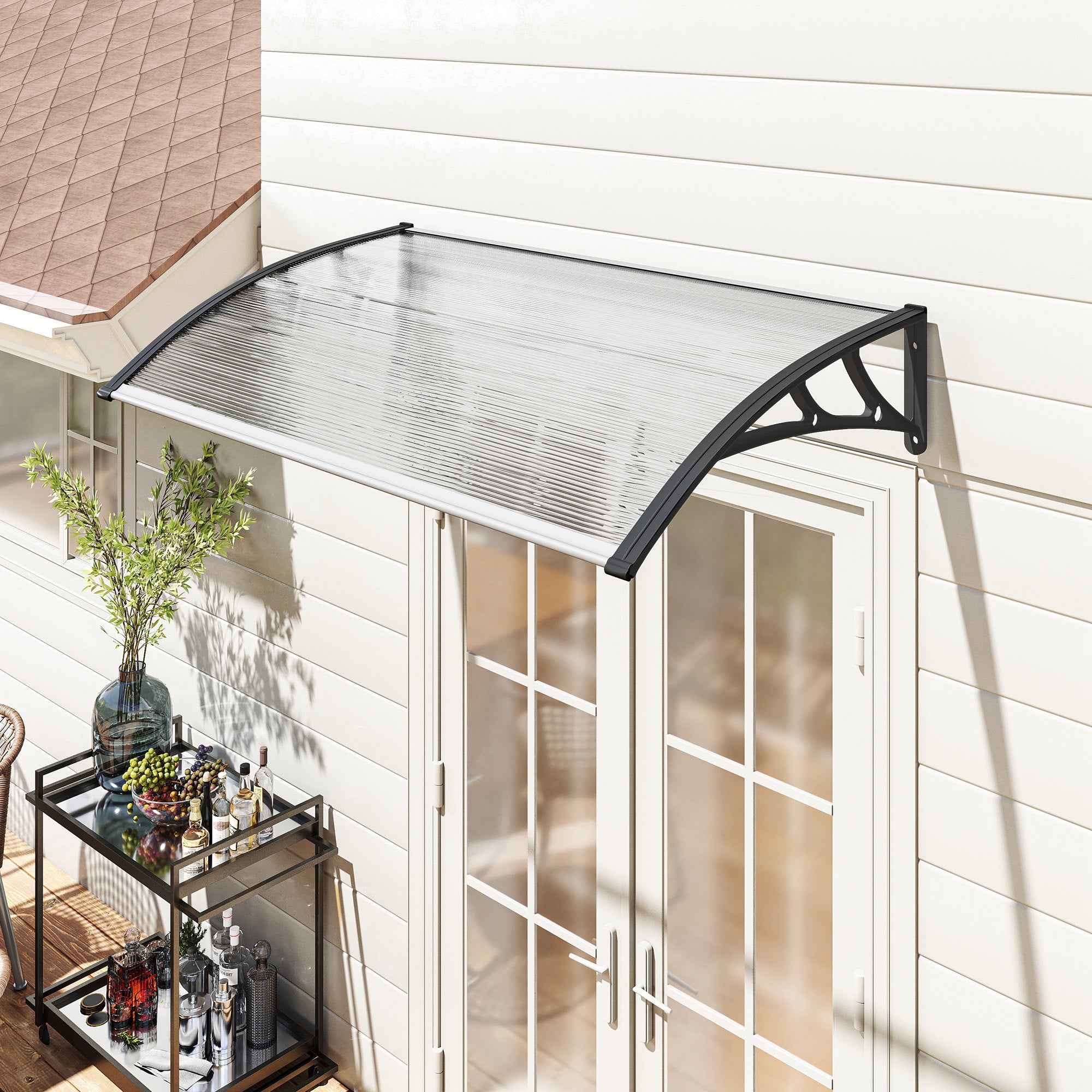 Outsunny Marquesinas Exterior para Puertas y Ventanas, 110x60 cm, Tejadillo de Protección contra Sol y Lluvia, con Cubierta de Policarbonato, Soportes de PP y Regleta de Aluminio, Negro y Transparente