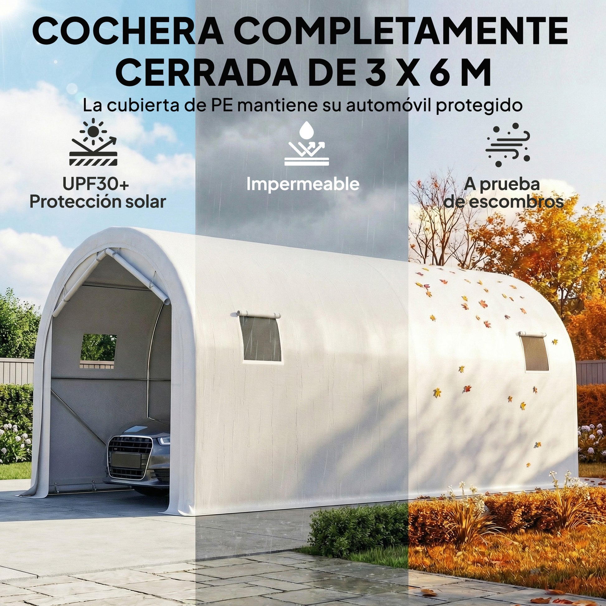 Outsunny Carpa Garaje Portátil 3x6 m, Garaje Exterior para Coche Impermeable con Puerta Enrollable con Cremalleras y 4 Ventanas, Marco Metal Galvanizado, UPF 30+, Cobertizo de Almacenamiento, Blanco