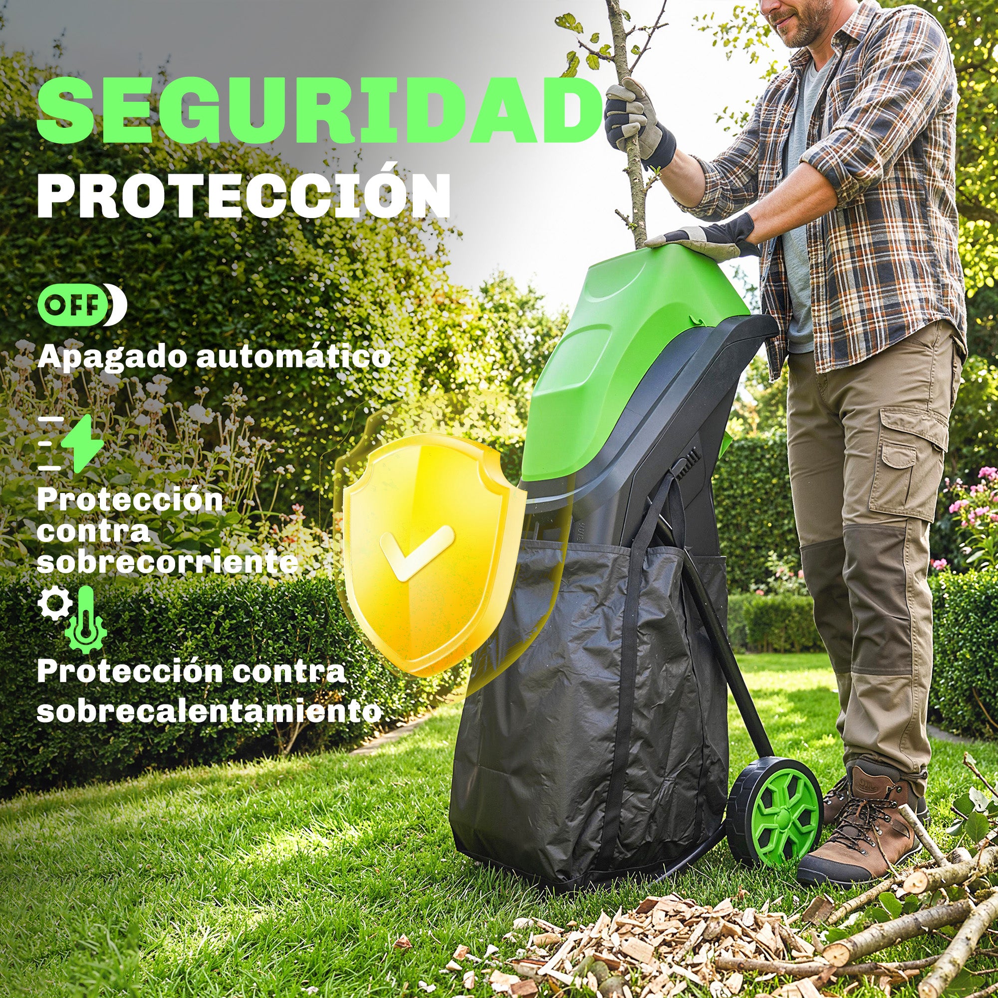 Outsunny Trituradora de Ramas Eléctrica 2500W, Trituradora de Jardín con 2 Cuchillas Reversibles hasta Ø44 mm de Ramas, Bolsa de Recolección de 45L, Ruedas y Protección de Sobrecarga, Verde