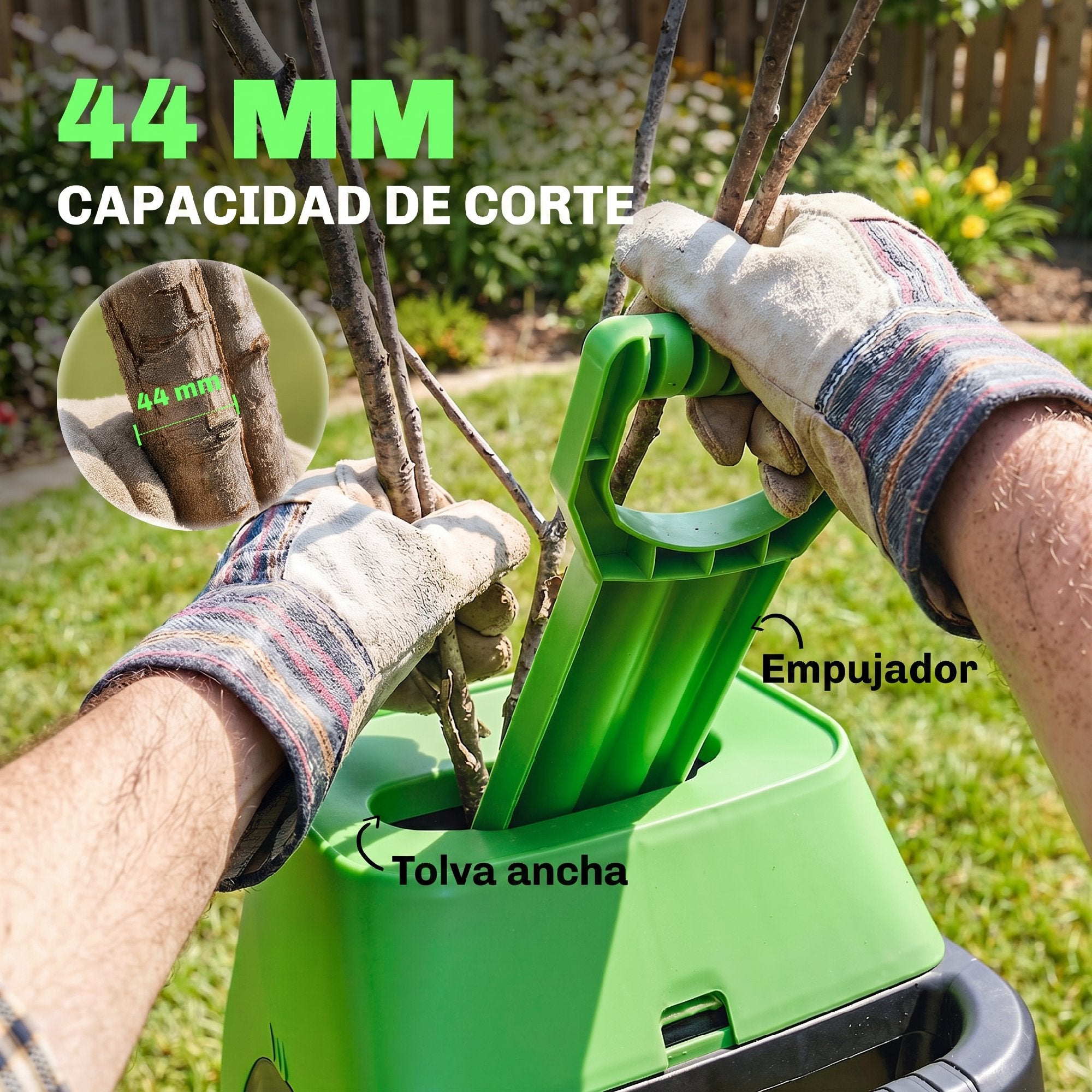 Outsunny Trituradora de Ramas Eléctrica 2500W, Trituradora de Jardín con 2 Cuchillas Reversibles hasta Ø44 mm de Ramas, Bolsa de Recolección de 45L, Ruedas y Protección de Sobrecarga, Verde