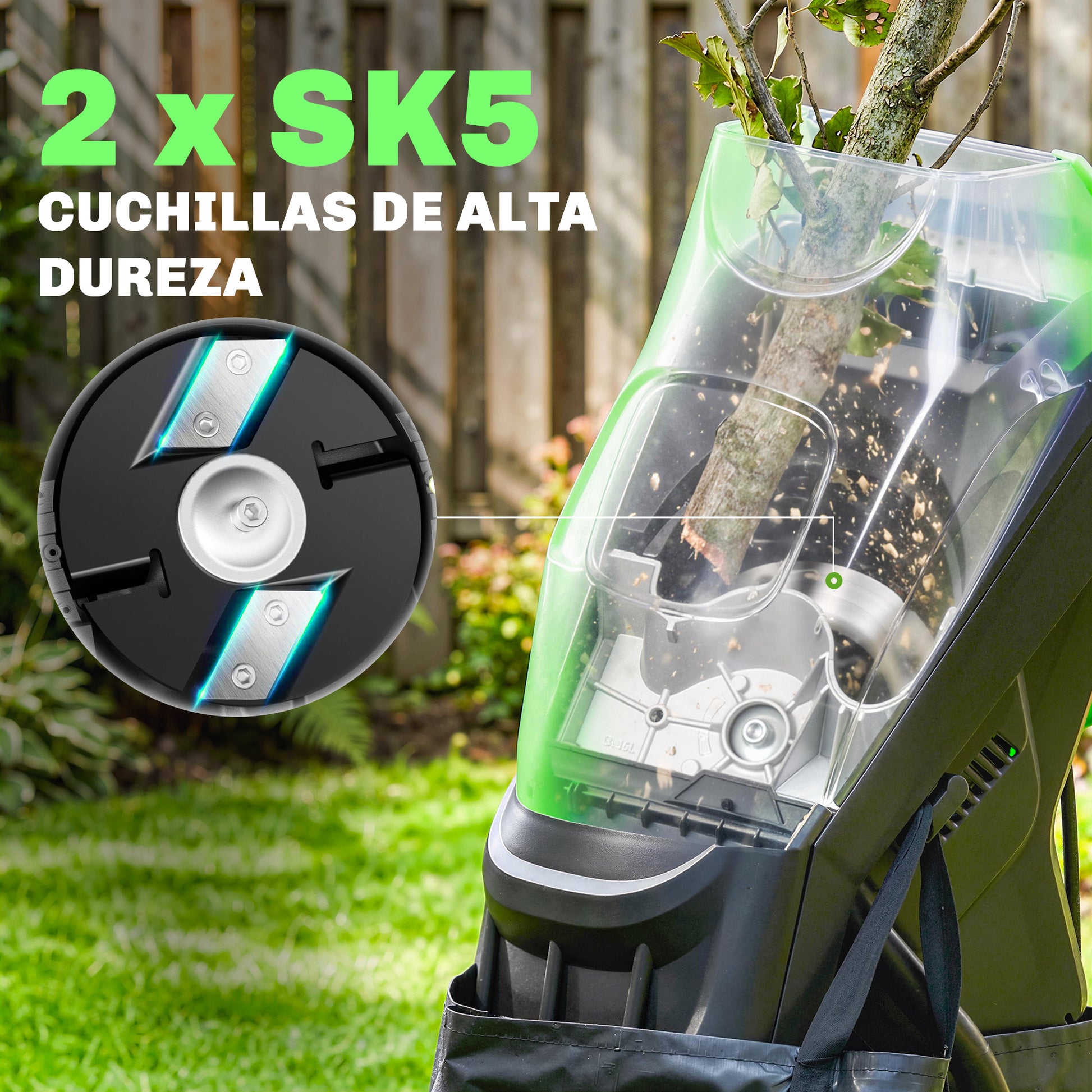 Outsunny Trituradora de Ramas Eléctrica 2500W, Trituradora de Jardín con 2 Cuchillas Reversibles hasta Ø44 mm de Ramas, Bolsa de Recolección de 45L, Ruedas y Protección de Sobrecarga, Verde
