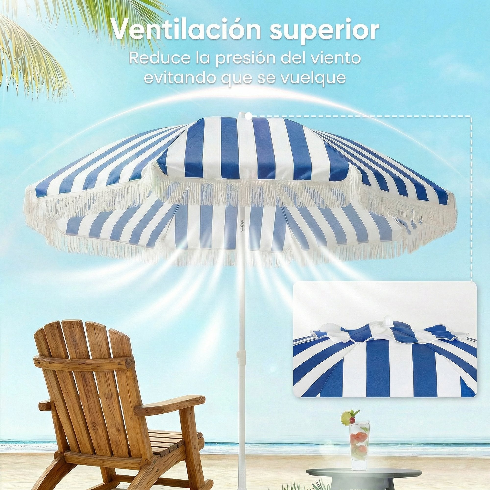 Outsunny Sombrilla de Playa con Flecos Ø180 cm, Sombrilla de Terraza Exterior con Altura Ajustable, Inclinación 30°, Anclaje Arena y Bolsa de Transporte, Azul y Blanco