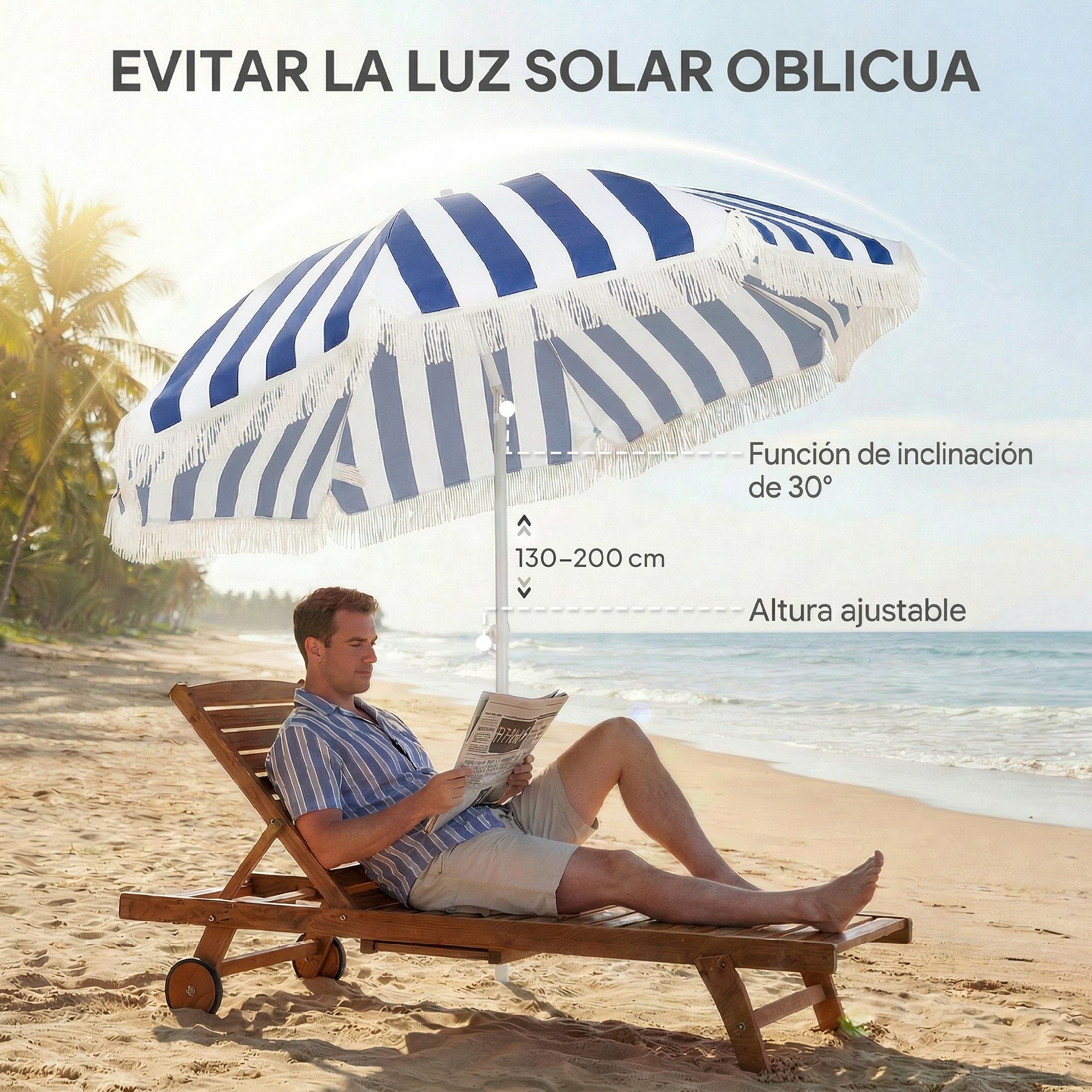 Outsunny Sombrilla de Playa con Flecos Ø180 cm, Sombrilla de Terraza Exterior con Altura Ajustable, Inclinación 30°, Anclaje Arena y Bolsa de Transporte, Azul y Blanco