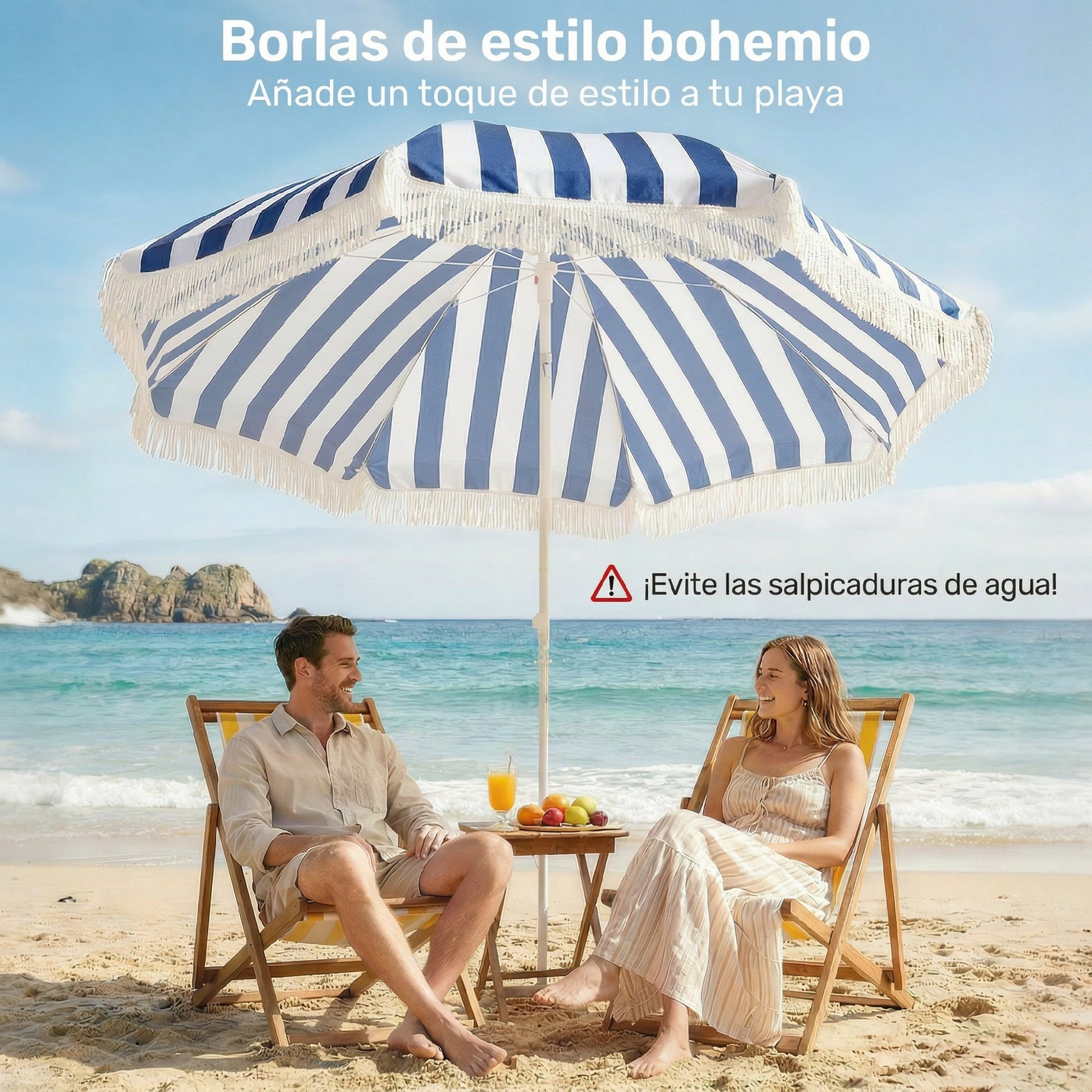 Outsunny Sombrilla de Playa con Flecos Ø180 cm, Sombrilla de Terraza Exterior con Altura Ajustable, Inclinación 30°, Anclaje Arena y Bolsa de Transporte, Azul y Blanco