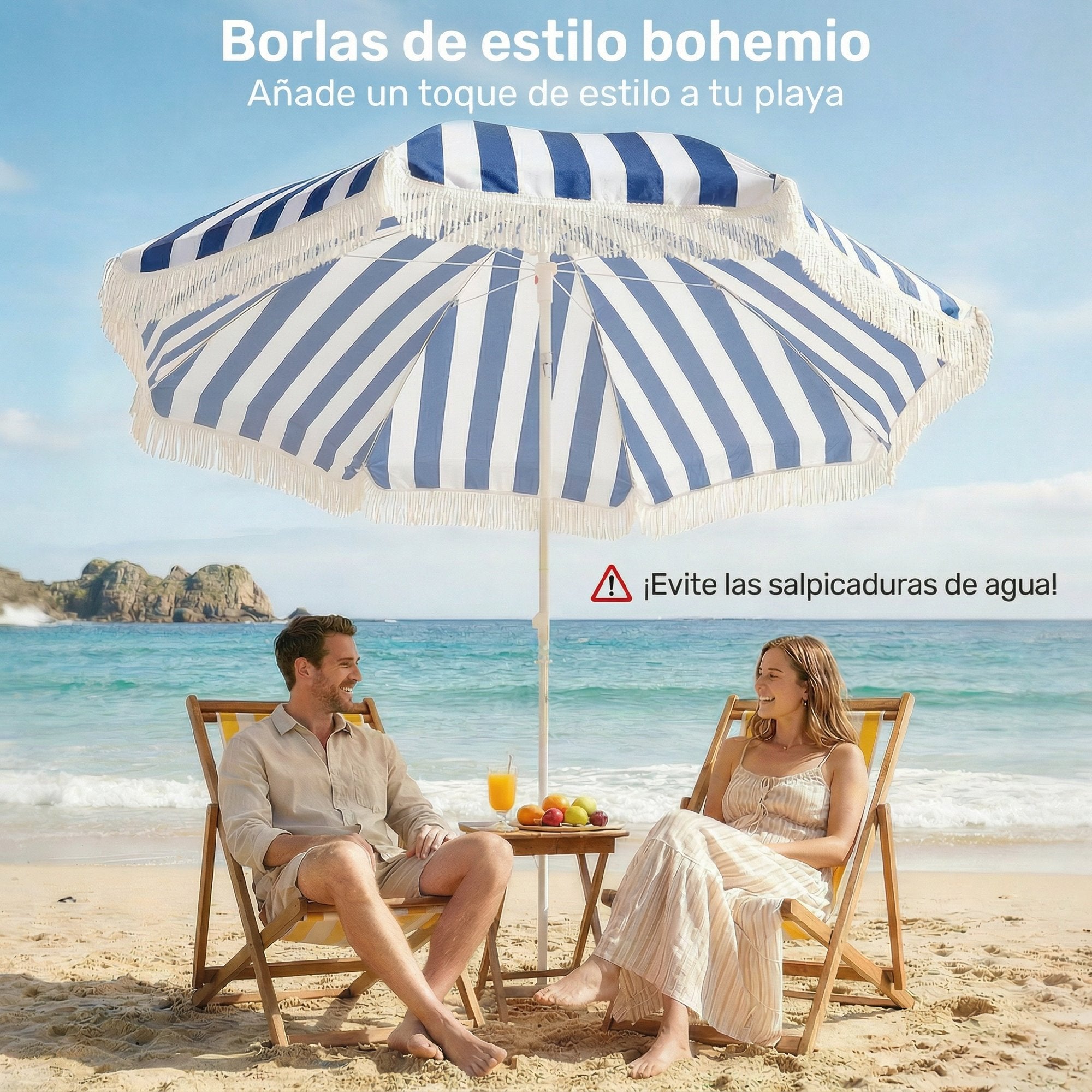 Outsunny Sombrilla de Playa con Flecos Ø180 cm, Sombrilla de Terraza Exterior con Altura Ajustable, Inclinación 30°, Anclaje Arena y Bolsa de Transporte, Azul y Blanco