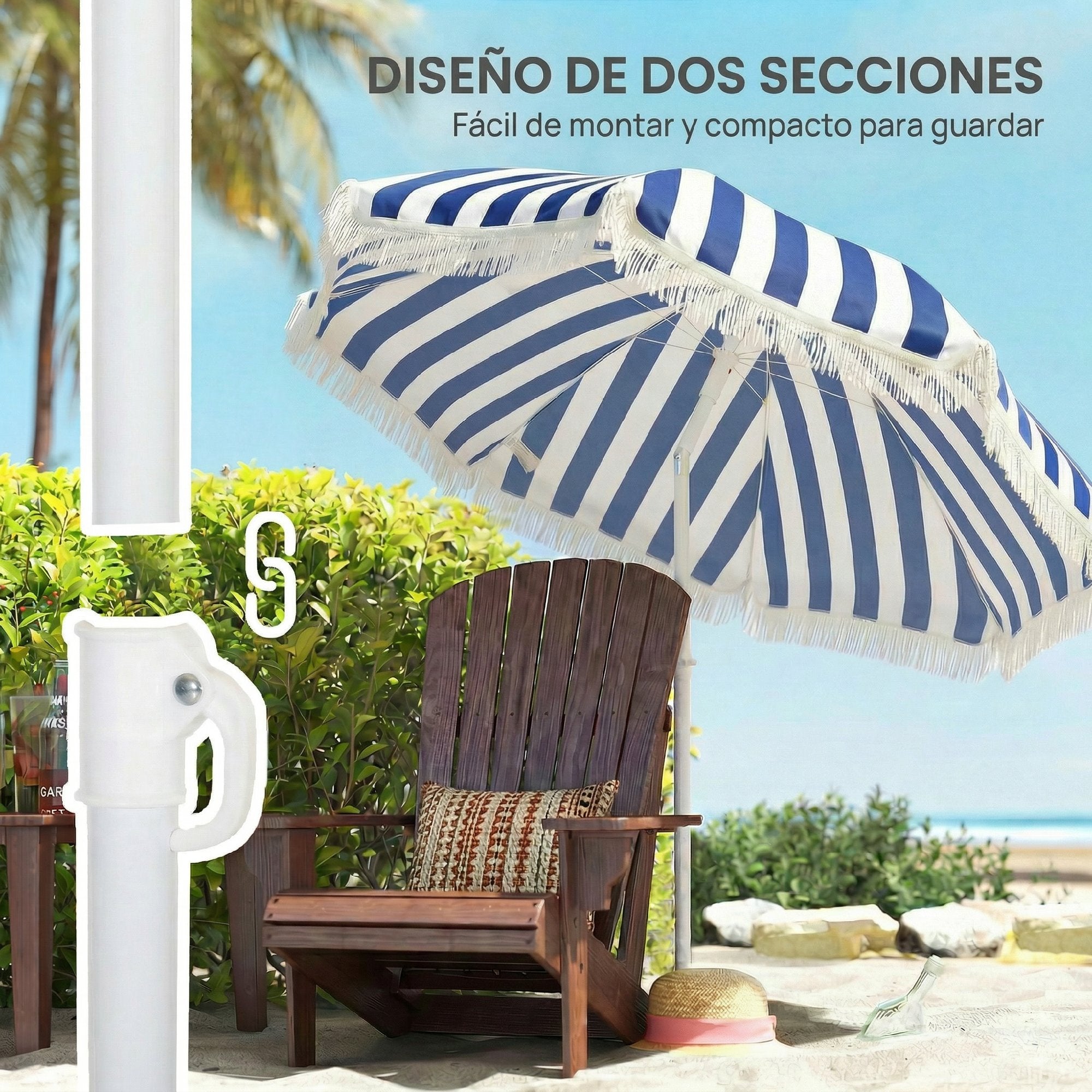 Outsunny Sombrilla de Playa con Flecos Ø180 cm, Sombrilla de Terraza Exterior con Altura Ajustable, Inclinación 30°, Anclaje Arena y Bolsa de Transporte, Azul y Blanco
