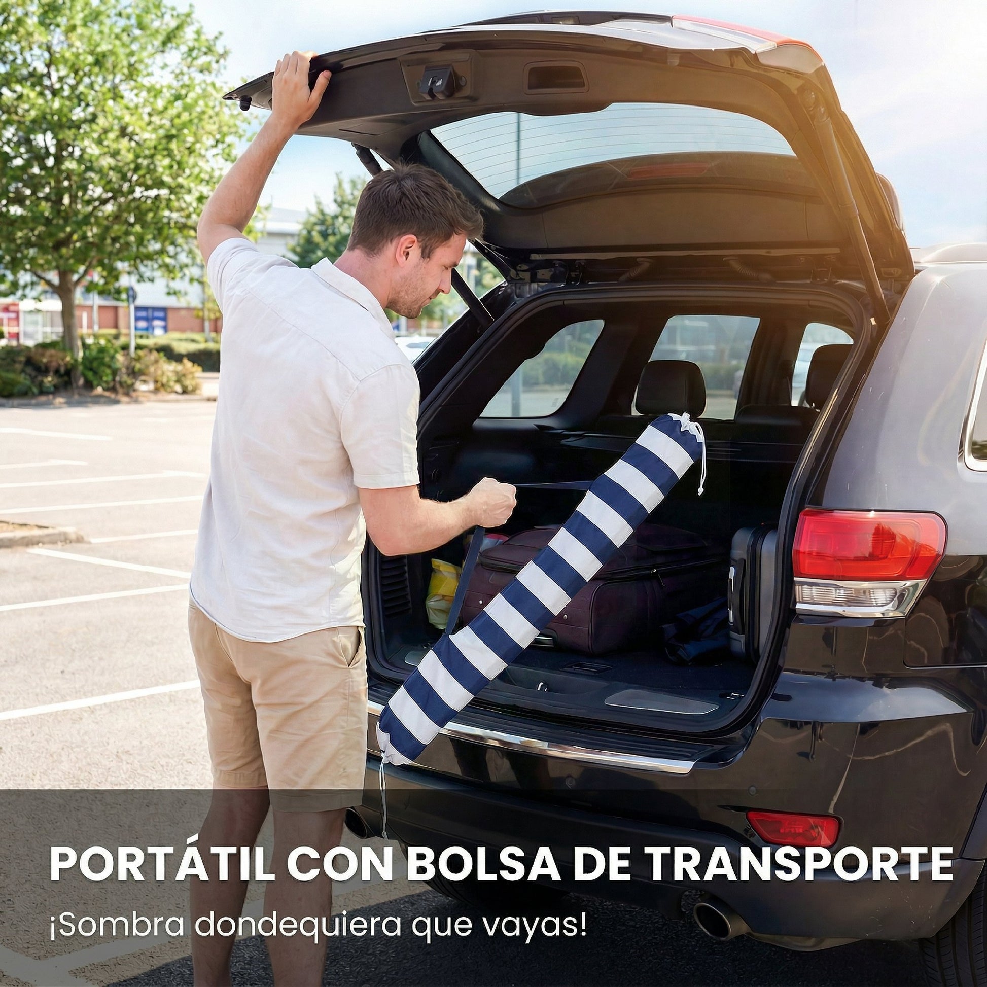 Outsunny Sombrilla de Playa con Flecos Ø180 cm, Sombrilla de Terraza Exterior con Altura Ajustable, Inclinación 30°, Anclaje Arena y Bolsa de Transporte, Azul y Blanco