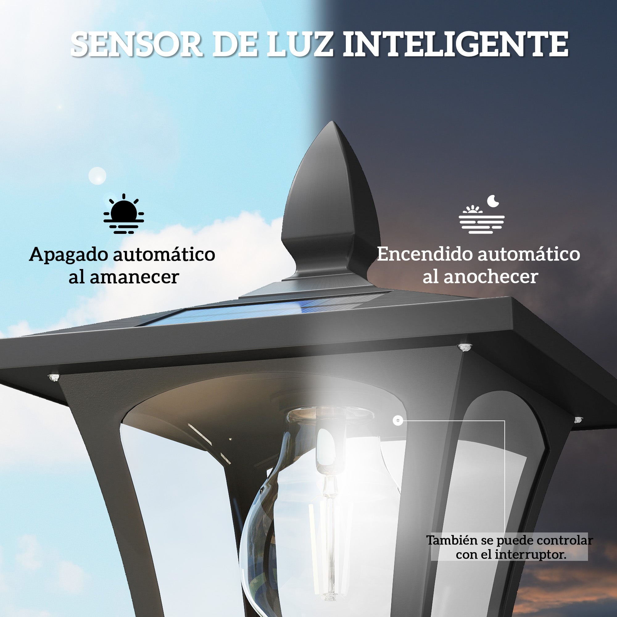 Outsunny Farola Solar Exterior de Jardín con Macetero, Luz Solar de Exterior LED, Poste de Aluminio, Impermeable IP44, Encendido/Apagado Automático, para Terraza, Patio, 33x33x160 cm, Negro