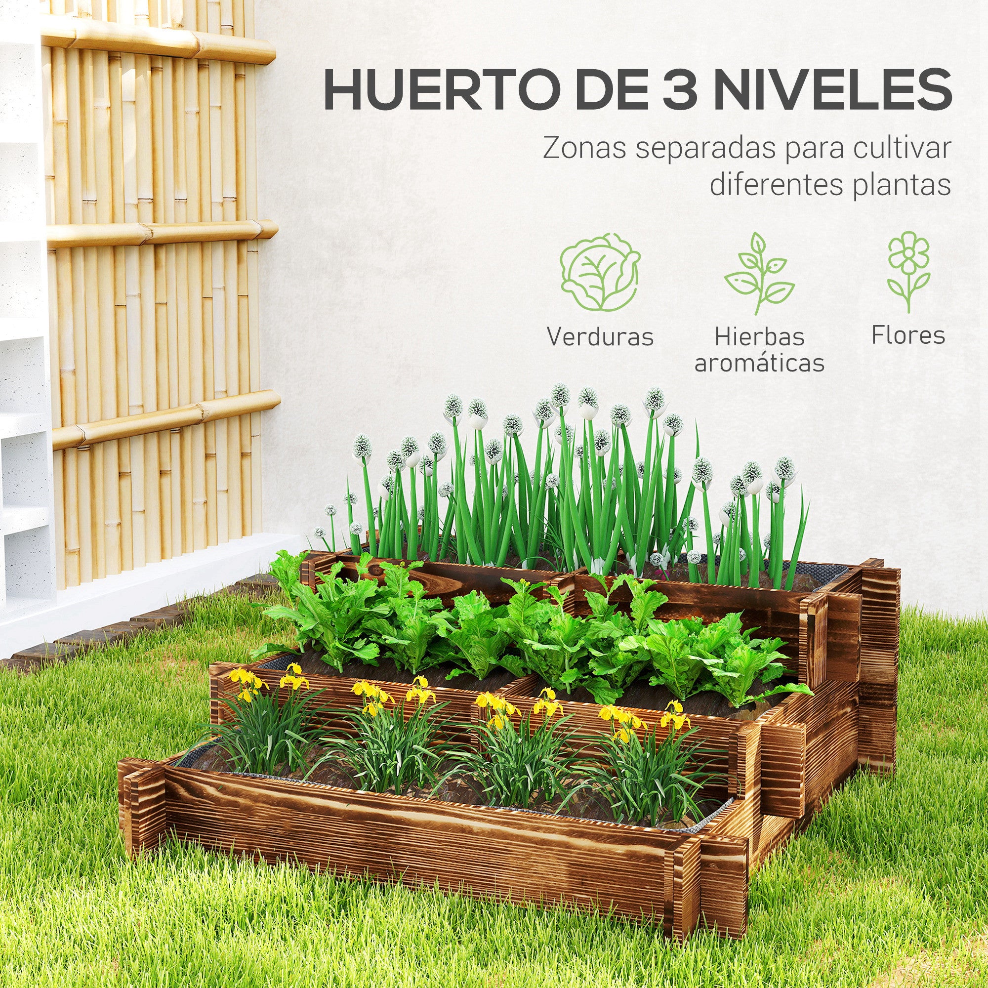 Outsunny Jardinera de Madera Arriate de Jardín de 3 Niveles con Diseño de Escalera y Tela no Tejida Huerto Urbano para Cultivos Plantas Flores para Terraza Jardín 93x93x35 cm Carbonizado