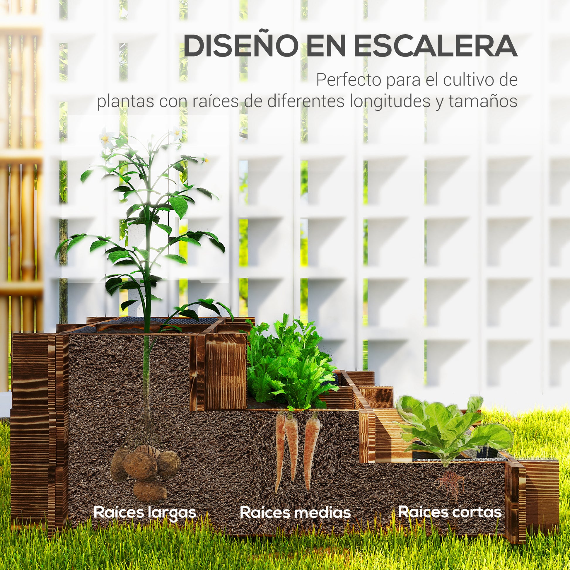 Outsunny Jardinera de Madera Arriate de Jardín de 3 Niveles con Diseño de Escalera y Tela no Tejida Huerto Urbano para Cultivos Plantas Flores para Terraza Jardín 93x93x35 cm Carbonizado