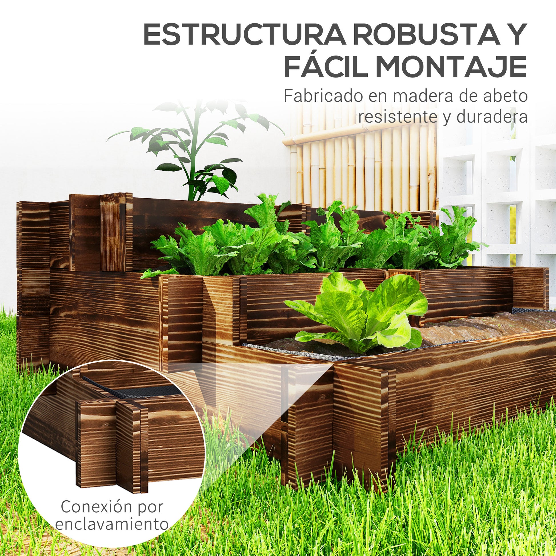 Outsunny Jardinera de Madera Arriate de Jardín de 3 Niveles con Diseño de Escalera y Tela no Tejida Huerto Urbano para Cultivos Plantas Flores para Terraza Jardín 93x93x35 cm Carbonizado
