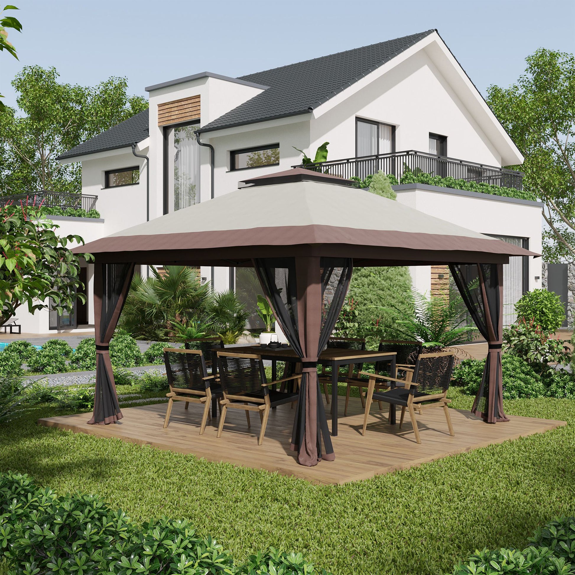 Outsunny Carpa Plegable Pop-up 4x4x2,8 m Cenador de Jardín con Paredes Altura Ajustable Anti-UV Impermeable Doble Techo Mosquiteras y Bolsa de Ruedas Gazebo para Exterior Fiestas Camping Beige