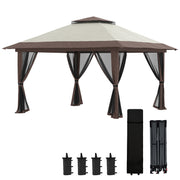 Outsunny Carpa Plegable Pop-up 4x4x2,8 m Cenador de Jardín con Paredes Altura Ajustable Anti-UV Impermeable Doble Techo Mosquiteras y Bolsa de Ruedas Gazebo para Exterior Fiestas Camping Beige
