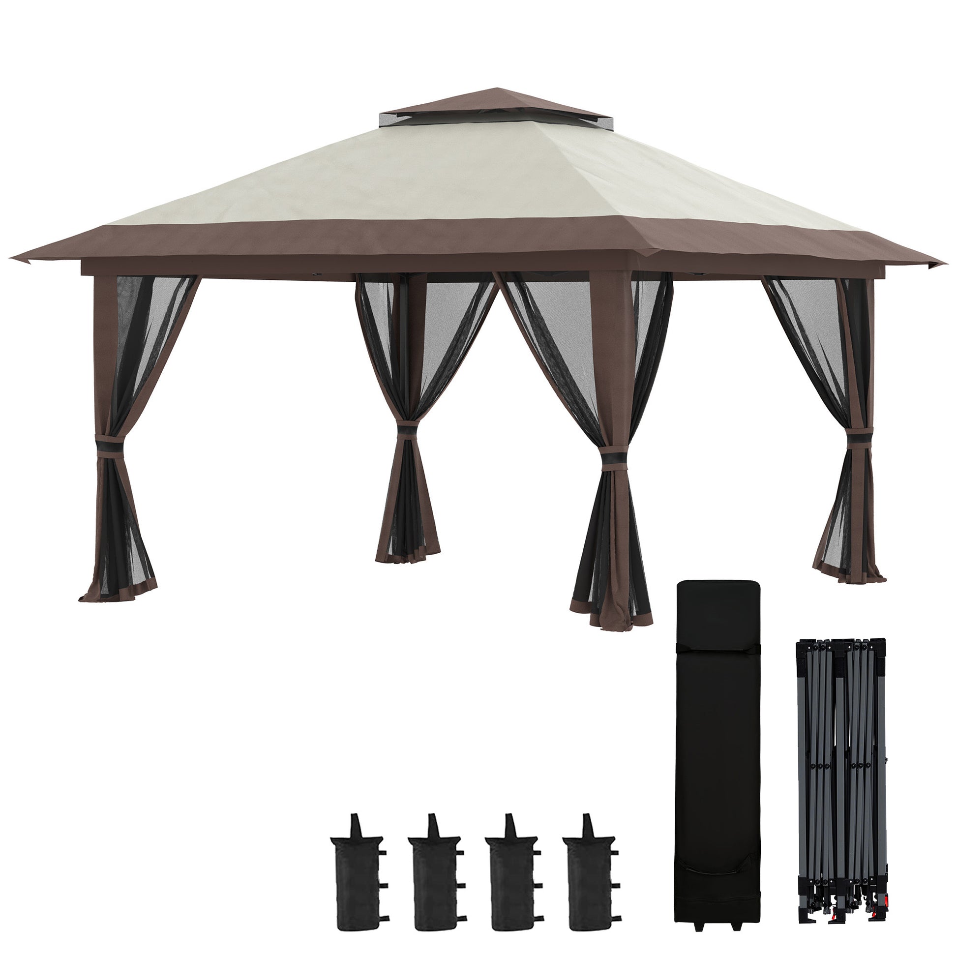 Outsunny Carpa Plegable Pop-up 4x4x2,8 m Cenador de Jardín con Paredes Altura Ajustable Anti-UV Impermeable Doble Techo Mosquiteras y Bolsa de Ruedas Gazebo para Exterior Fiestas Camping Beige