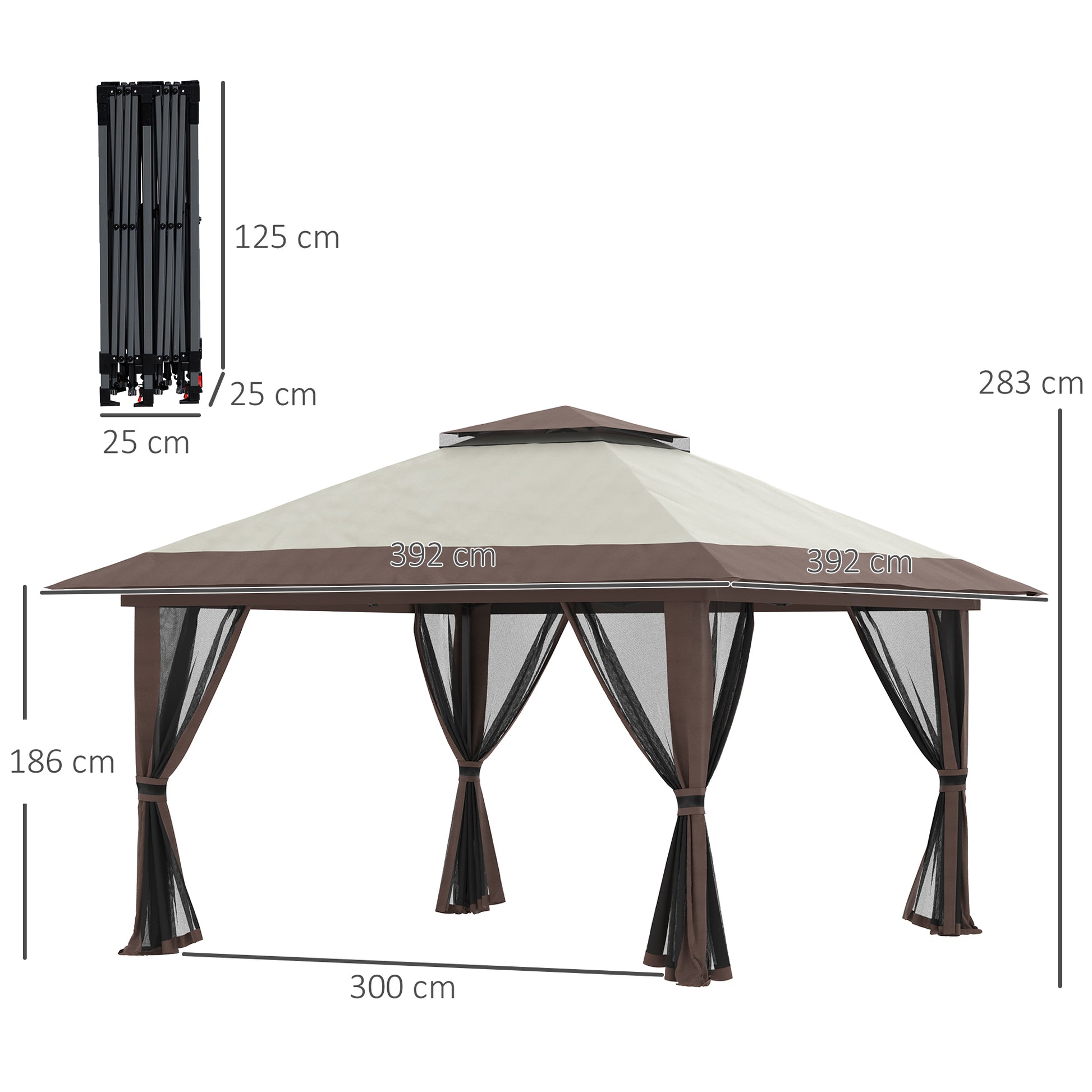 Outsunny Carpa Plegable Pop-up 4x4x2,8 m Cenador de Jardín con Paredes Altura Ajustable Anti-UV Impermeable Doble Techo Mosquiteras y Bolsa de Ruedas Gazebo para Exterior Fiestas Camping Beige