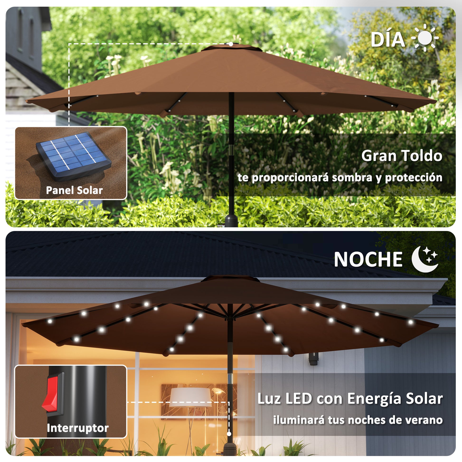 Outsunny Sombrilla Terraza Exterior Ø265 cm Sombrilla de Jardín con 32 Luces LED Solares Poste de Acero y Manivela Parasol Inclinable para Patio Terraza Marrón