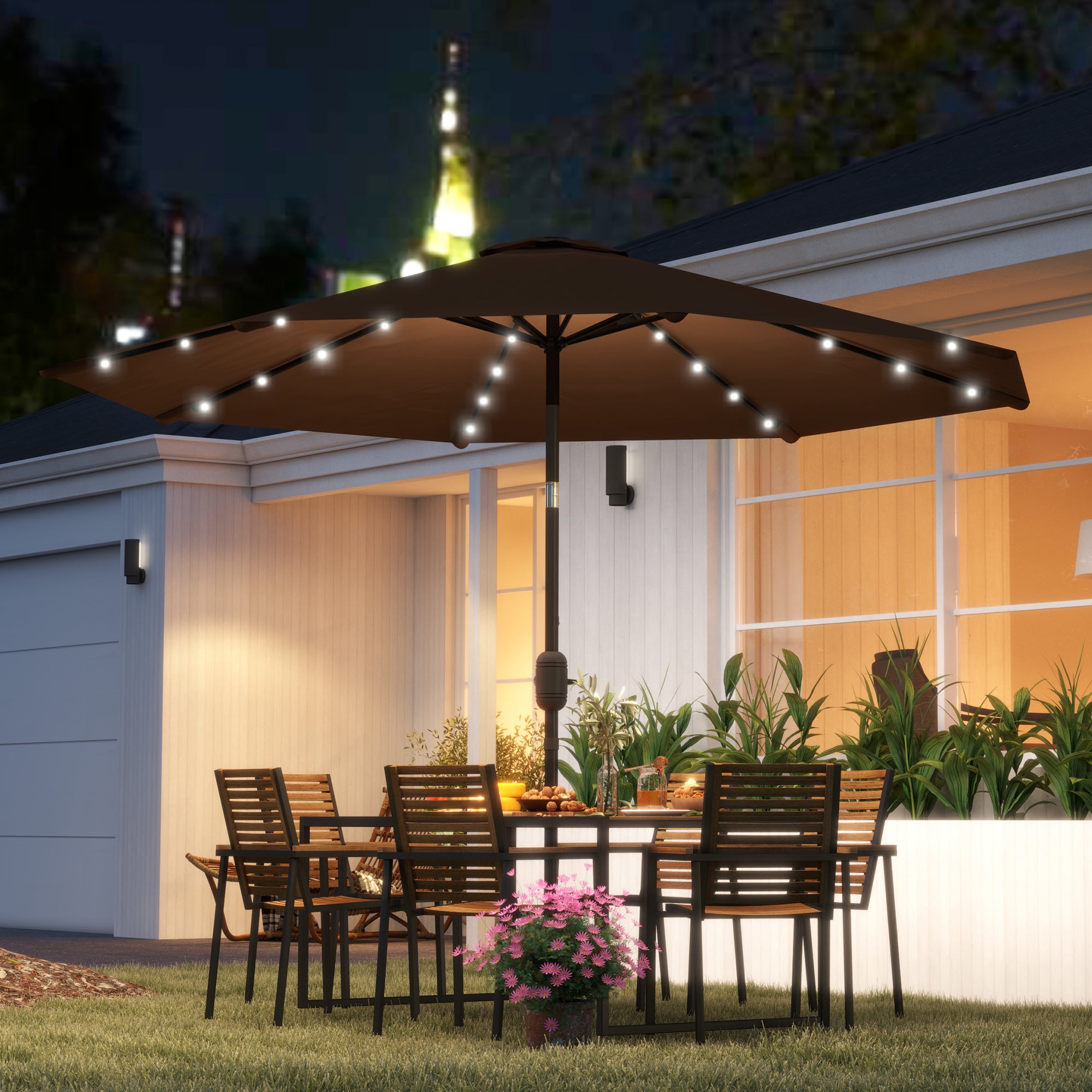Outsunny Sombrilla Terraza Exterior Ø265 cm Sombrilla de Jardín con 32 Luces LED Solares Poste de Acero y Manivela Parasol Inclinable para Patio Terraza Marrón