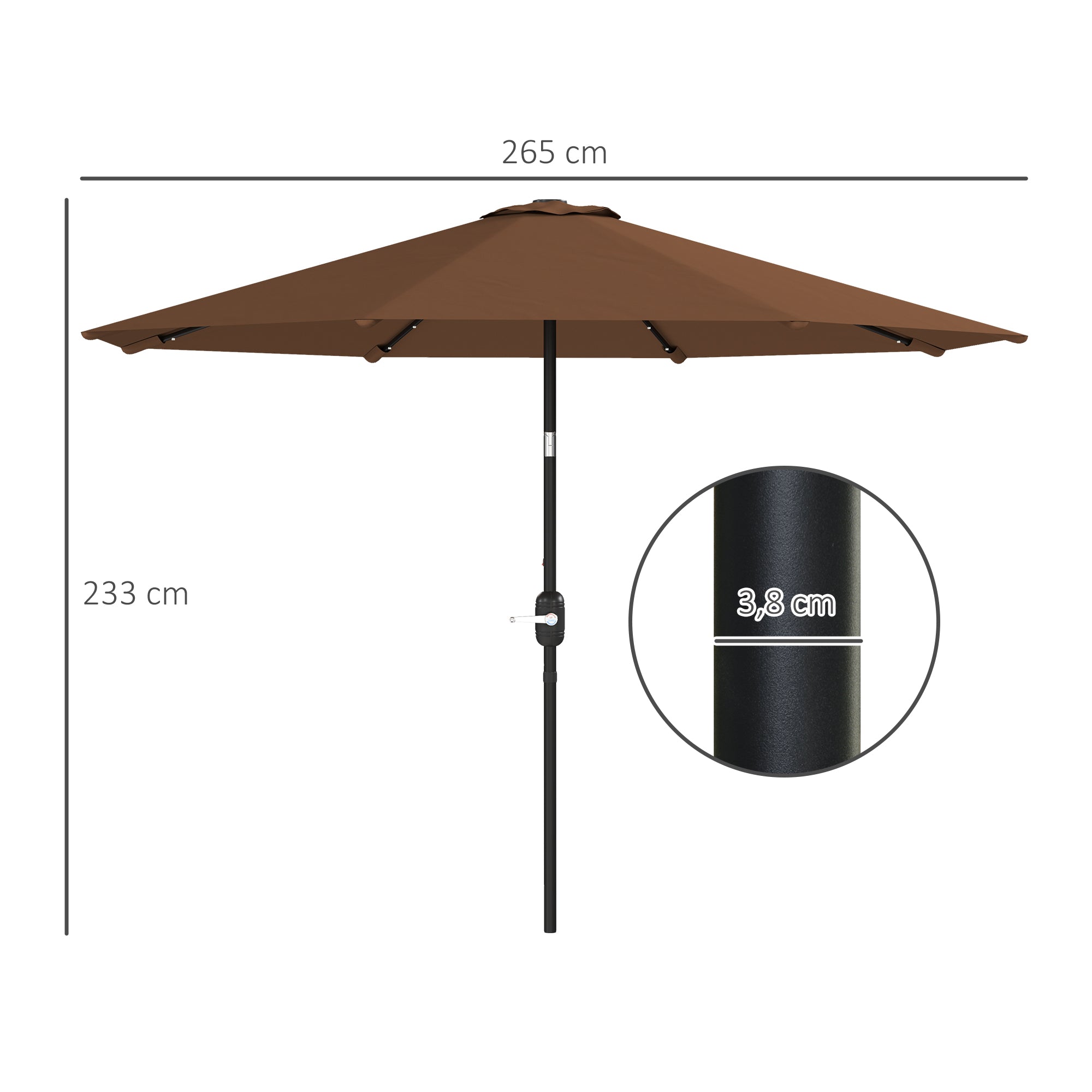 Outsunny Sombrilla Terraza Exterior Ø265 cm Sombrilla de Jardín con 32 Luces LED Solares Poste de Acero y Manivela Parasol Inclinable para Patio Terraza Marrón