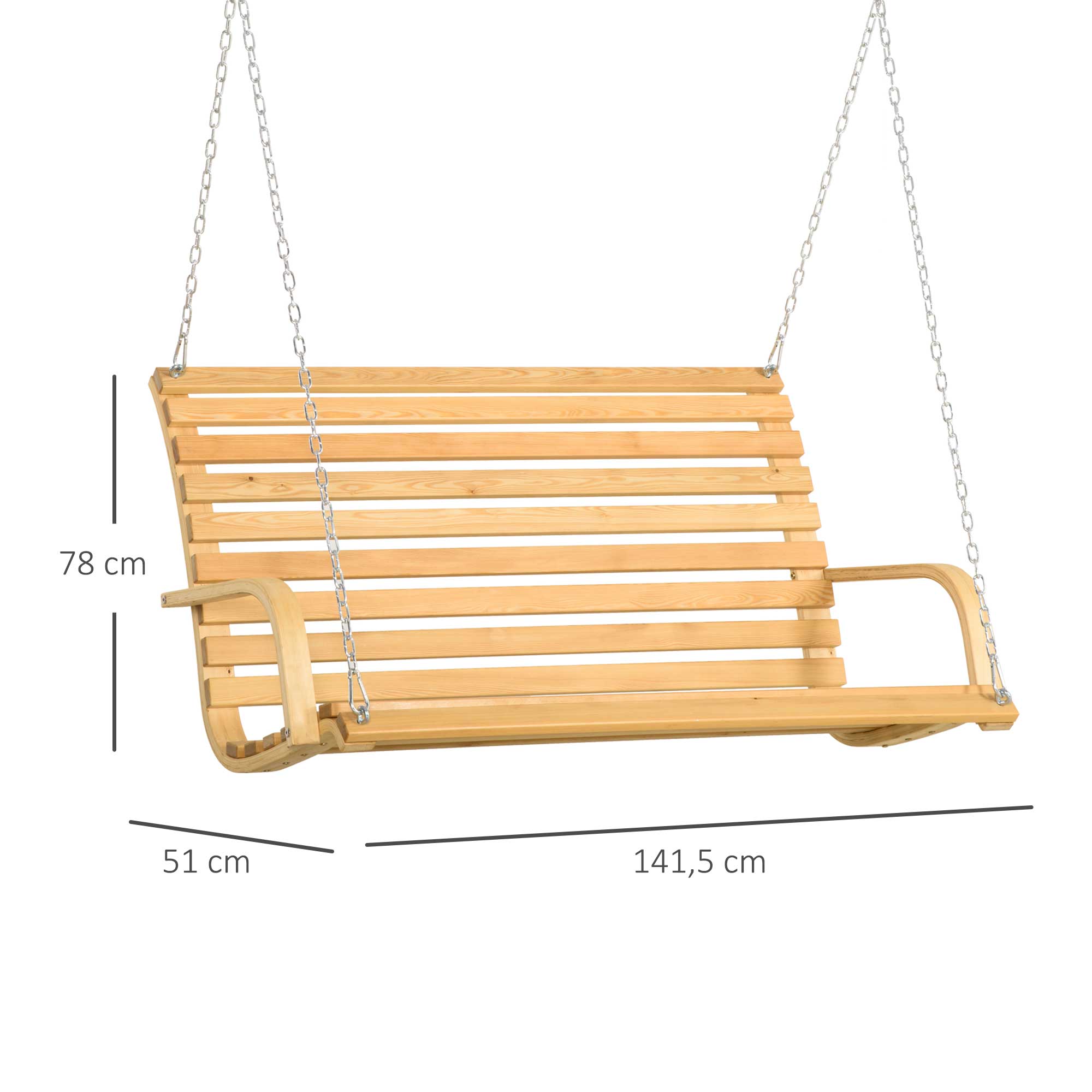 Outsunny Banco Columpio de Madera de 2 Plazas Tipo Balancín Colgante Carga Máx. 250 kg para Jardín Terraza Balcón Exterior 141,5x51x78 cm Natural