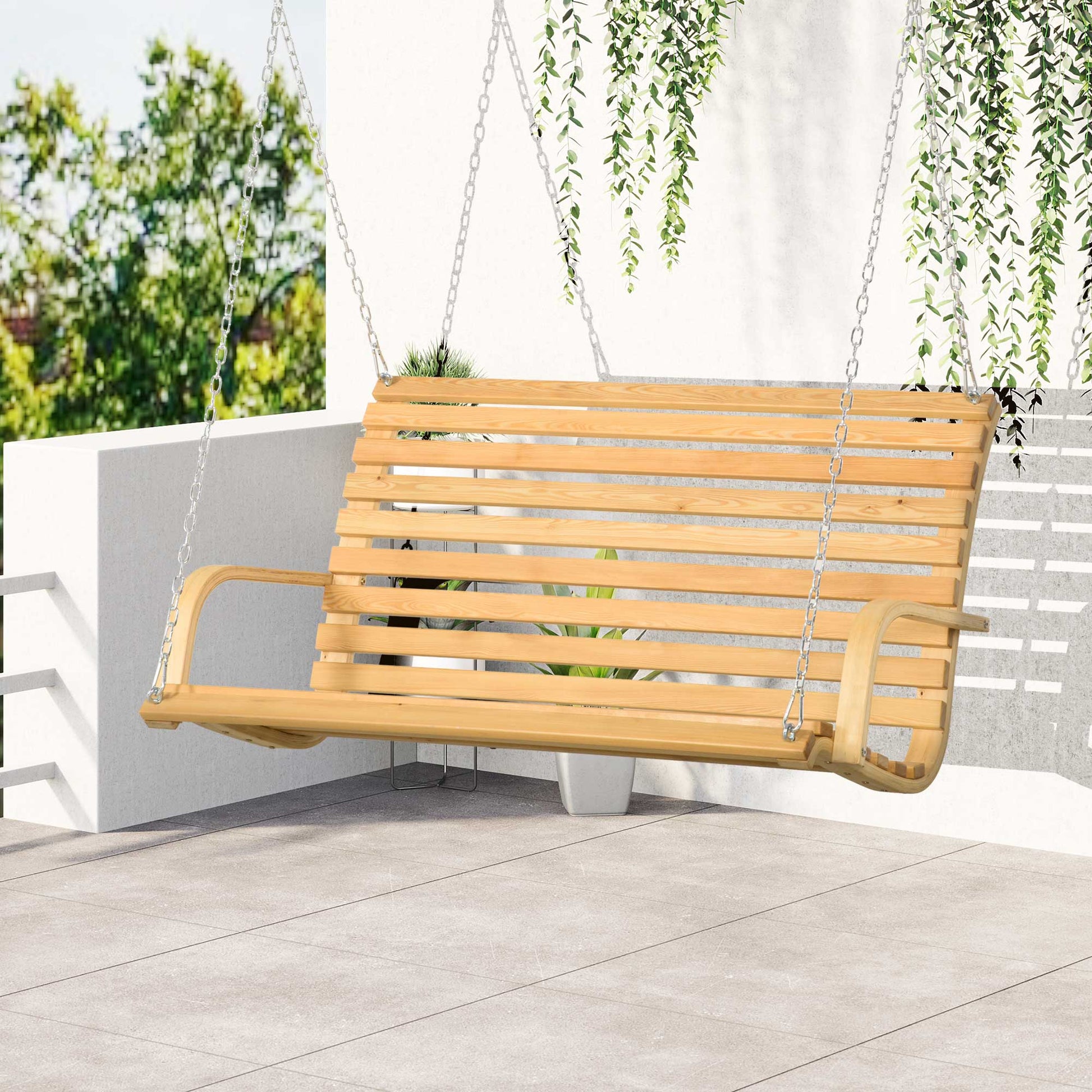 Outsunny Banco Columpio de Madera de 2 Plazas Tipo Balancín Colgante Carga Máx. 250 kg para Jardín Terraza Balcón Exterior 141,5x51x78 cm Natural