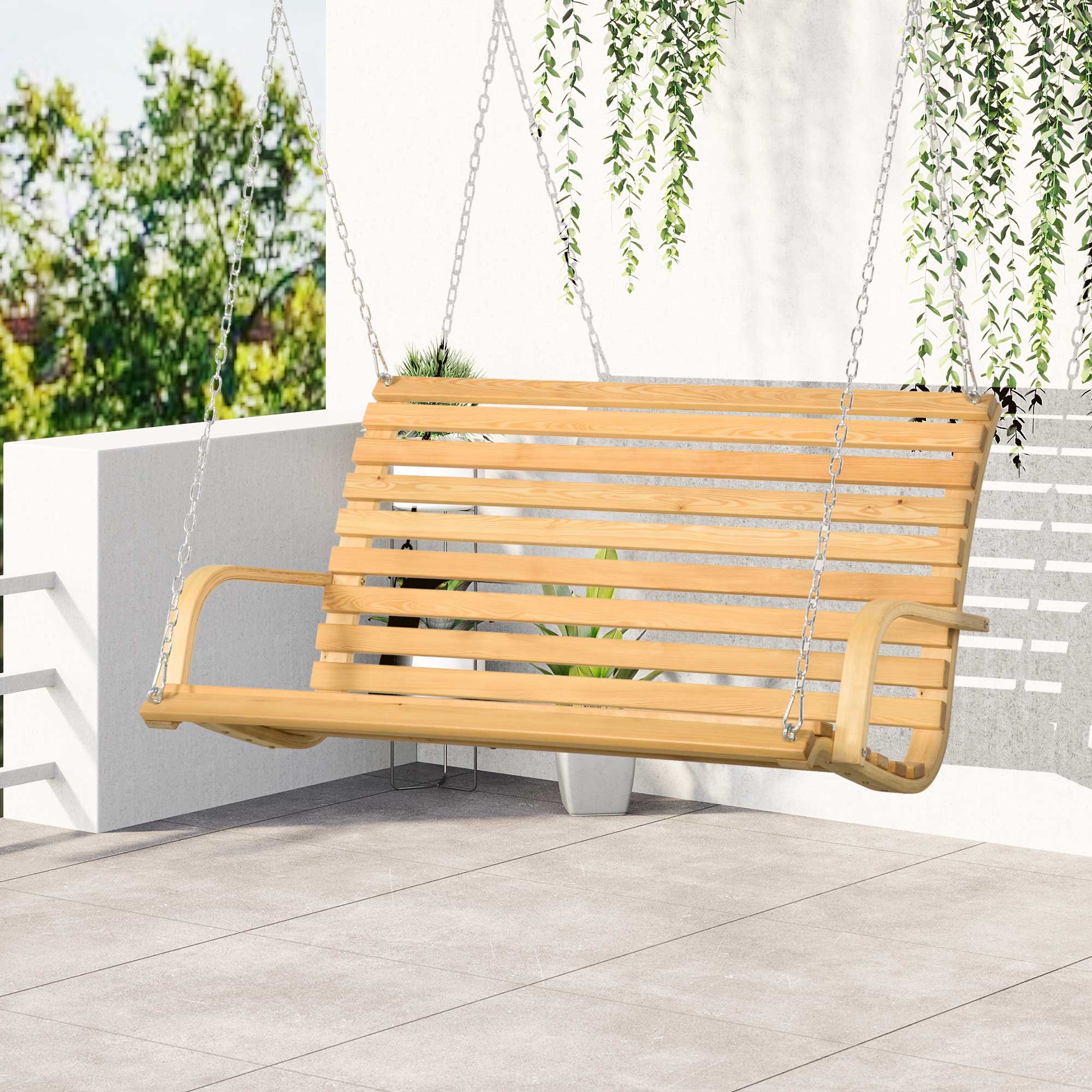 Outsunny Banco Columpio de Madera de 2 Plazas Tipo Balancín Colgante Carga Máx. 250 kg para Jardín Terraza Balcón Exterior 141,5x51x78 cm Natural
