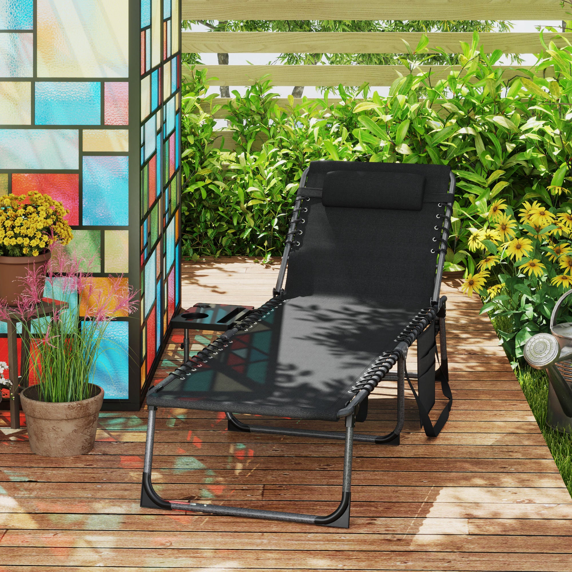 Outsunny Tumbona Plegable, Tumbona Jardín Exterior con Respaldo Ajustable, Reposacabezas, Bolsillo Lateral, Bandeja y Estructura de Acero, Carga 120 kg para Terraza Piscina Playa, 190x60x31 cm, Negro