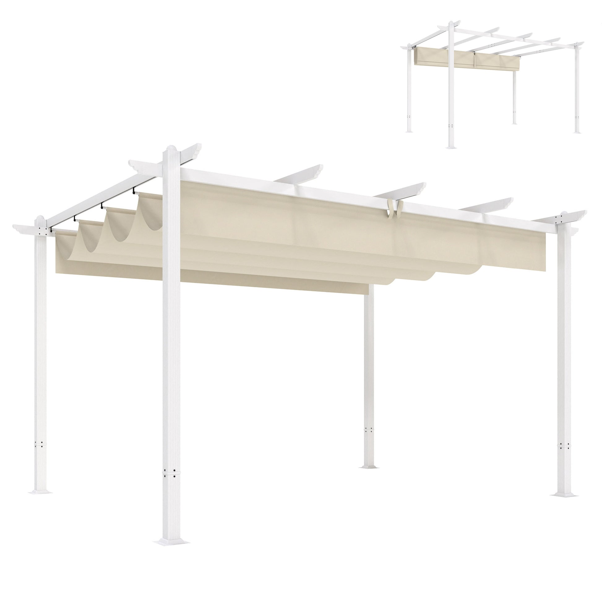 Outsunny Pérgola de Jardín 4x3 m con Techo Retráctil, Cenador de Jardín con Protección UPF30+, Orificios de Drenaje, Estructura Metálica, Pabellón para Patio, Terraza, Exterior, Beige