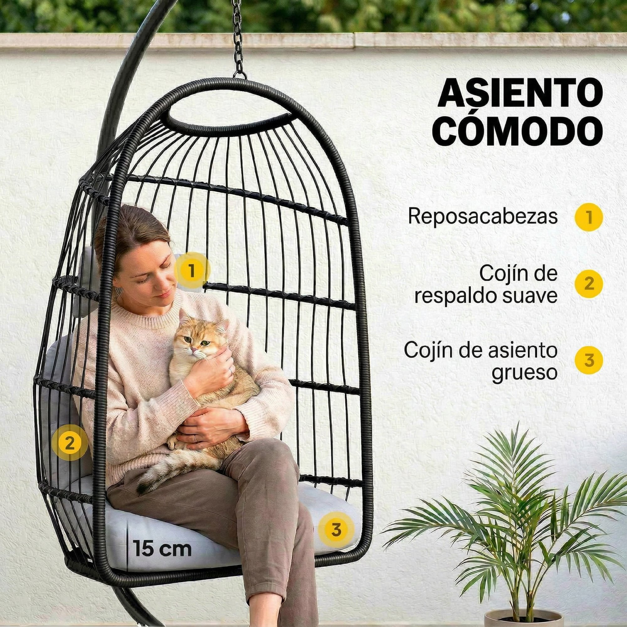 Outsunny Silla Colgante Huevo con Soporte, Columpio Jardín Exterior con Cesta Plegable de Ratán, Cojín Grueso, Reposacabezas, Altura Ajustable, Estructura Metálica para Interior y Exterior, Gris Claro