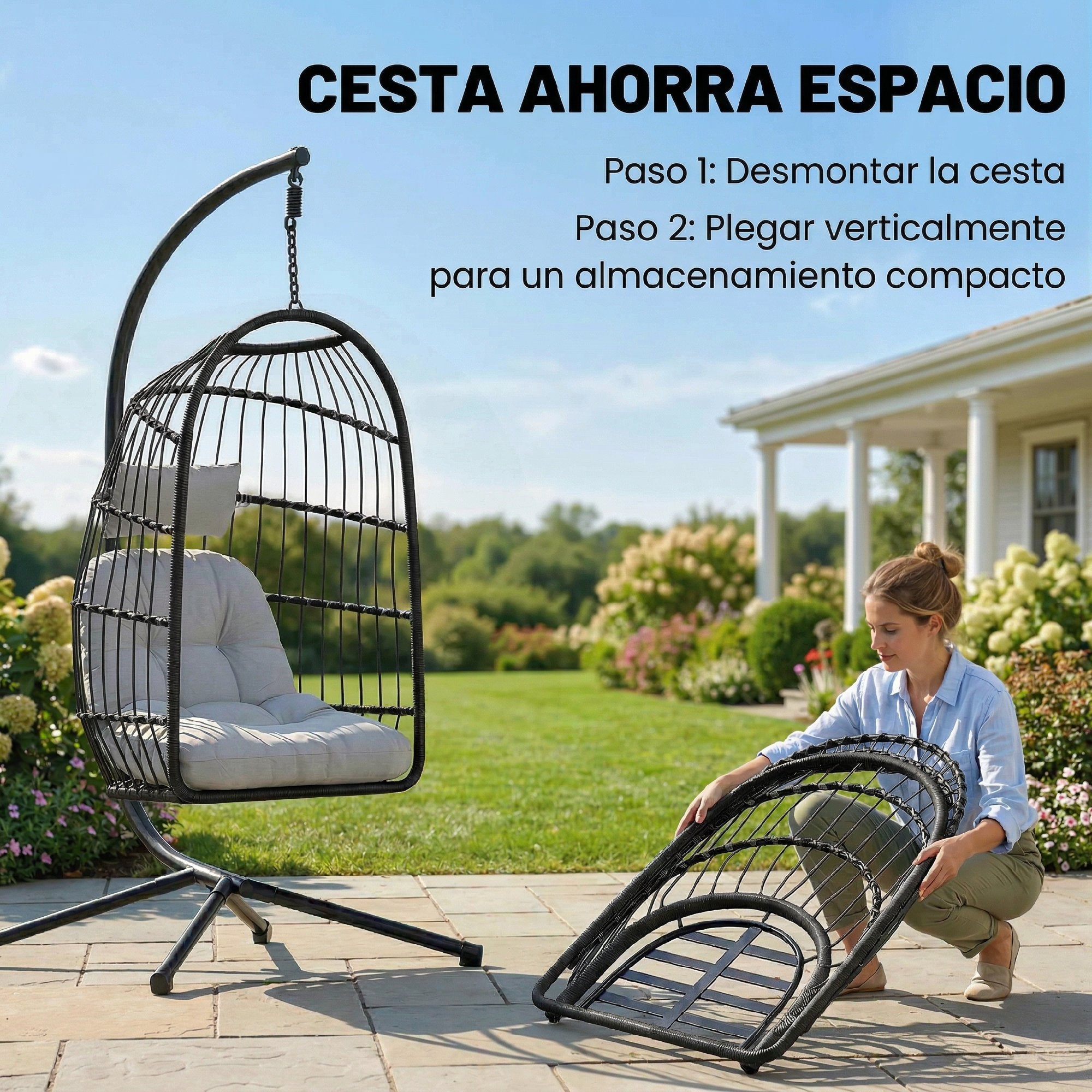 Outsunny Silla Colgante Huevo con Soporte, Columpio Jardín Exterior con Cesta Plegable de Ratán, Cojín Grueso, Reposacabezas, Altura Ajustable, Estructura Metálica para Interior y Exterior, Gris Claro