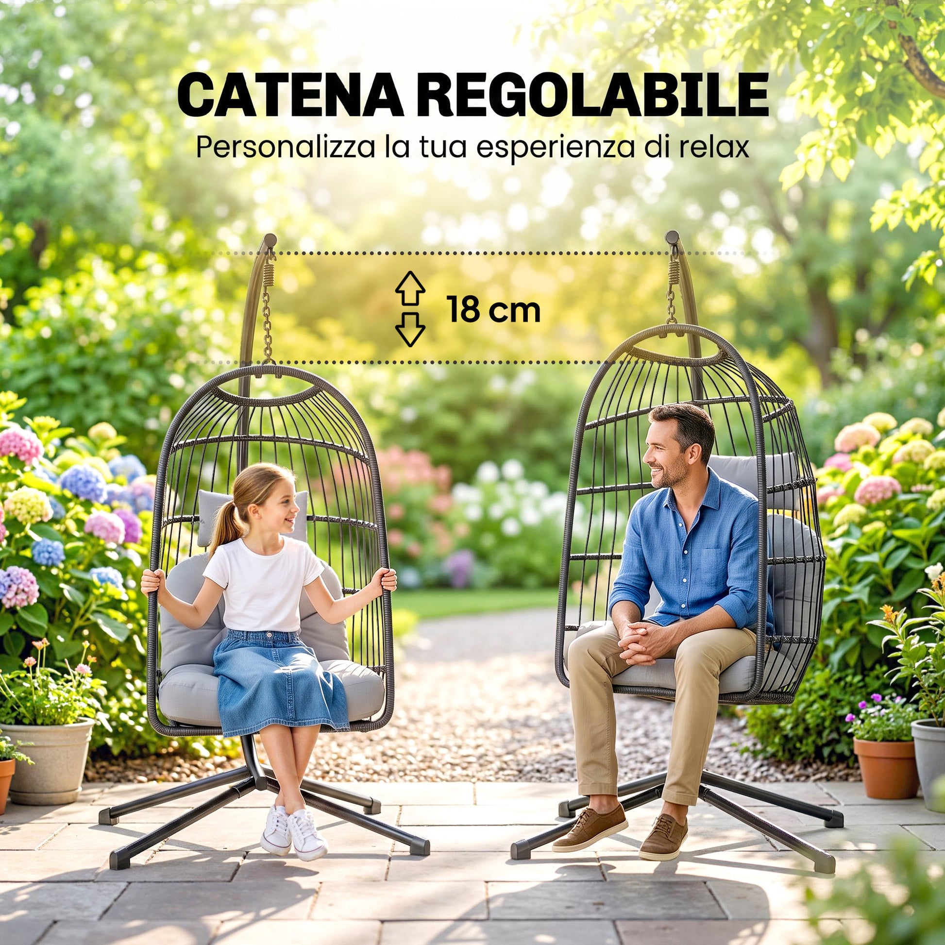 Outsunny Silla Colgante Huevo con Soporte, Columpio Jardín Exterior con Cesta Plegable de Ratán, Cojín Grueso, Reposacabezas, Altura Ajustable, Estructura Metálica para Interior y Exterior, Gris Claro