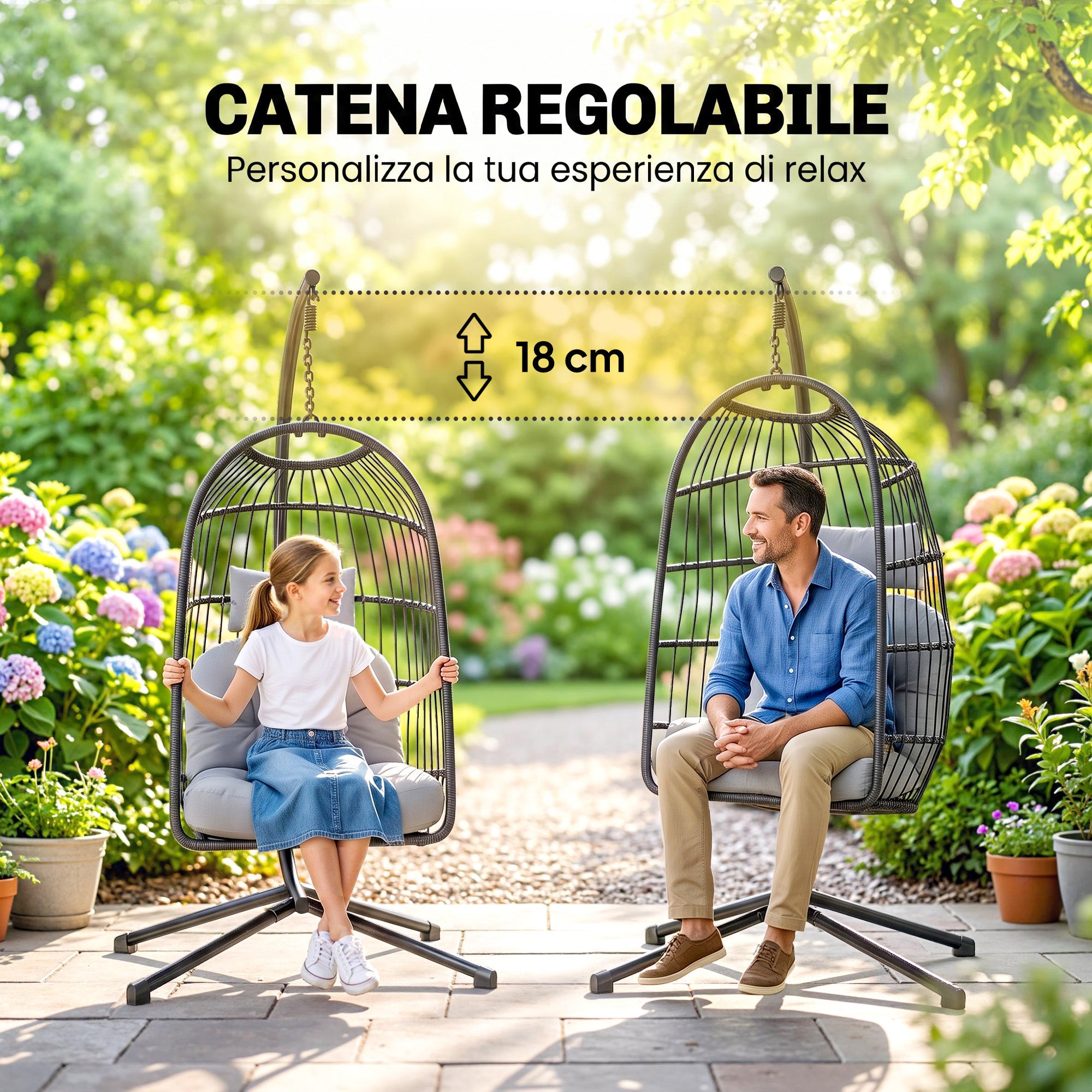 Outsunny Silla Colgante Huevo con Soporte, Columpio Jardín Exterior con Cesta Plegable de Ratán, Cojín Grueso, Reposacabezas, Altura Ajustable, Estructura Metálica para Interior y Exterior, Gris Claro