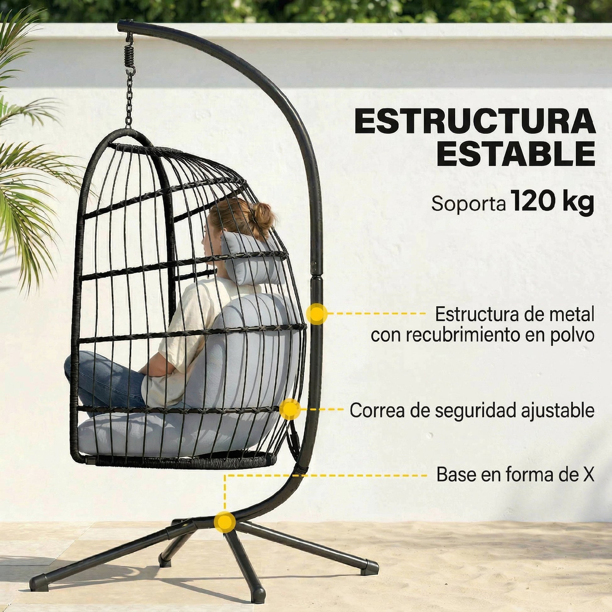 Outsunny Silla Colgante Huevo con Soporte, Columpio Jardín Exterior con Cesta Plegable de Ratán, Cojín Grueso, Reposacabezas, Altura Ajustable, Estructura Metálica para Interior y Exterior, Gris Claro