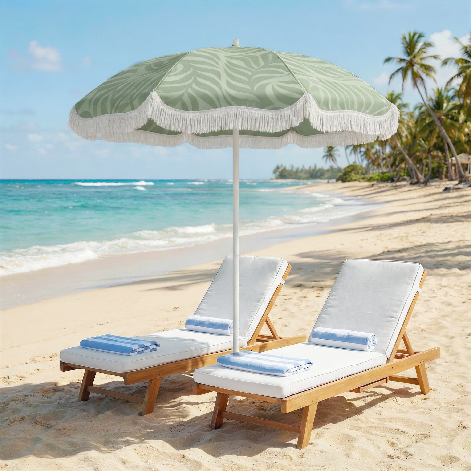 Outsunny Sombrilla de Playa con Flecos Ø180 cm, Sombrilla de Terraza Exterior con Altura Ajustable, Inclinación, Anclaje Arena y Bolsa de Transporte, UPF30+, Estampado de Hojas, Verde