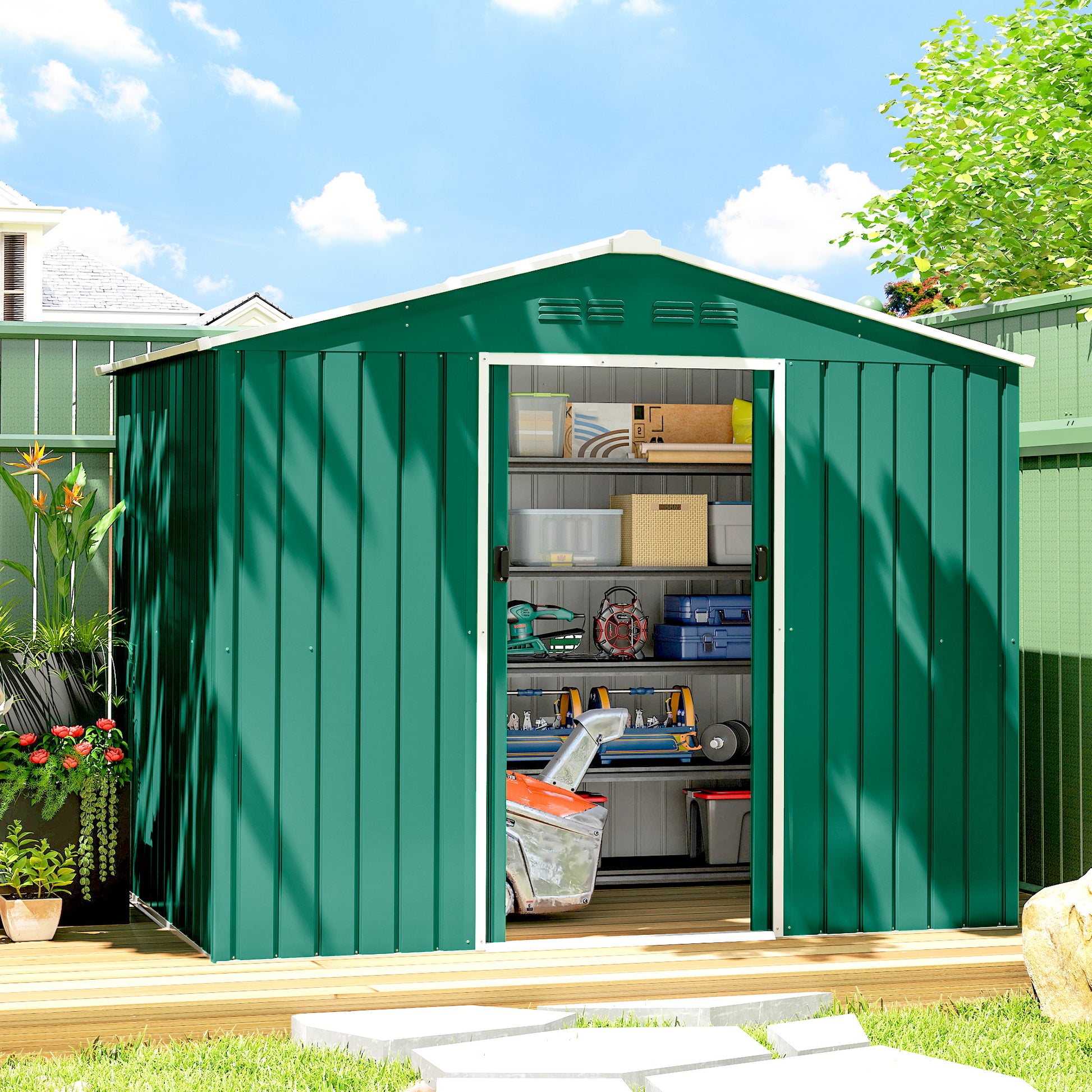 Outsunny Caseta de Jardín Exterior 3,6 m², 236x171x191 cm, Cobertizo de Jardín Exterior Metálico con Puertas Correderas y Ranuras de Ventilación, para Almacenamiento de Herramientas, Verde