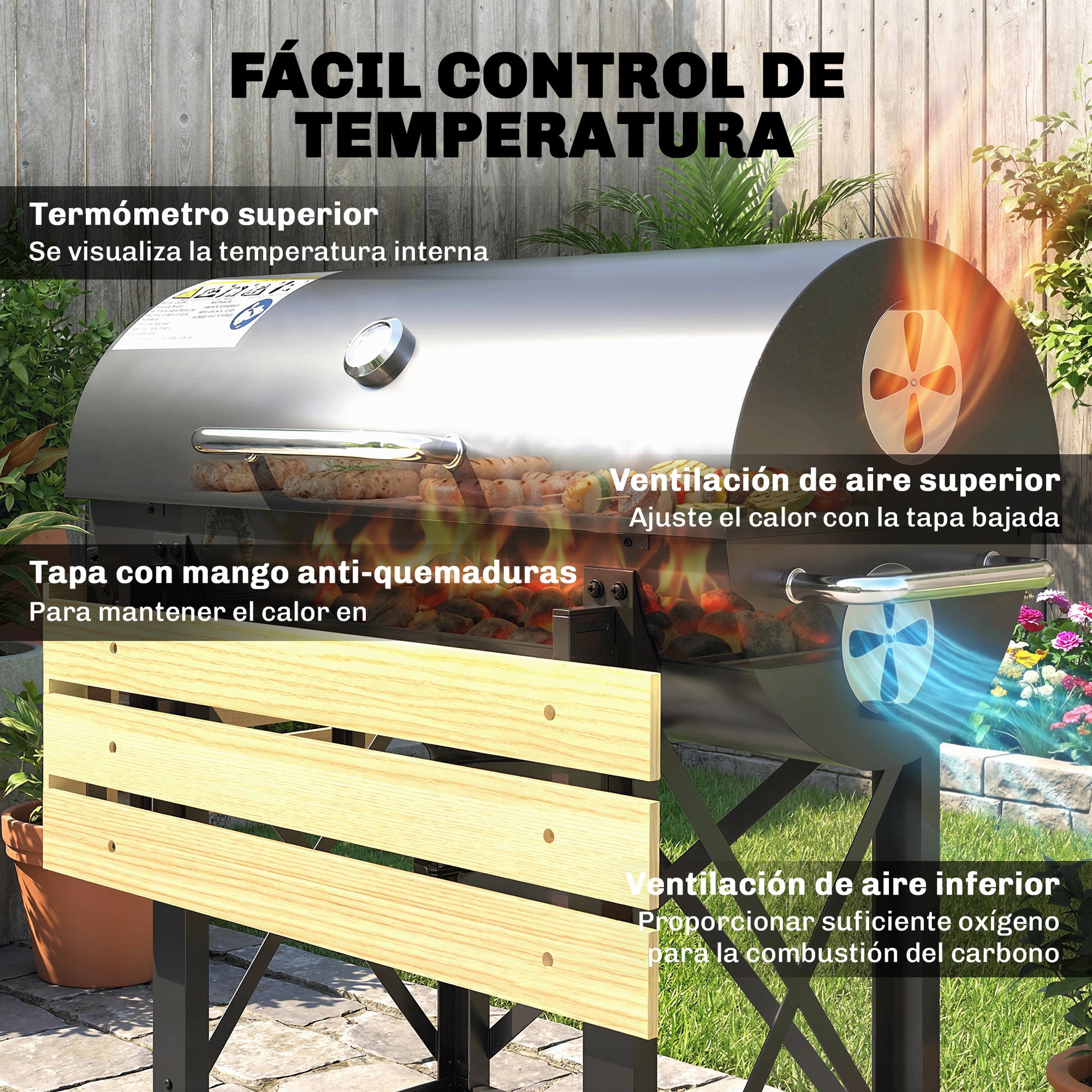 Outsunny Barbacoa de Carbón Portátil, Barbacoa de Carbón Móvil con Estantes Plegables, Termómetro, Tapa, Ventilaciones Ajustables, Recoge Cenizas, Ruedas, Asa, 109x71x98 cm, Negro y Madera Natural