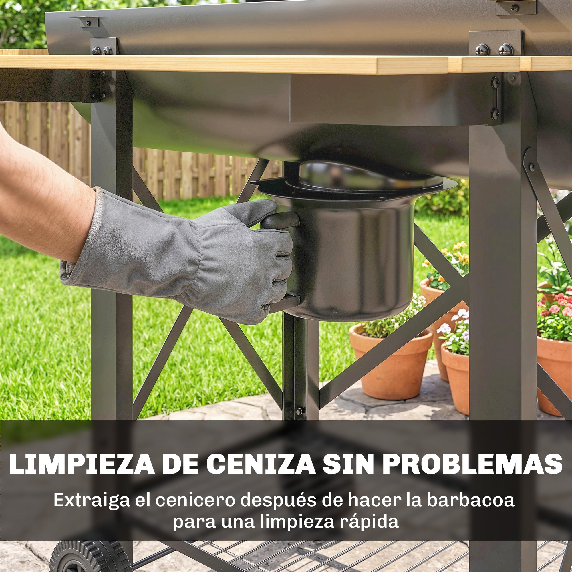 Outsunny Barbacoa de Carbón Portátil, Barbacoa de Carbón Móvil con Estantes Plegables, Termómetro, Tapa, Ventilaciones Ajustables, Recoge Cenizas, Ruedas, Asa, 109x71x98 cm, Negro y Madera Natural