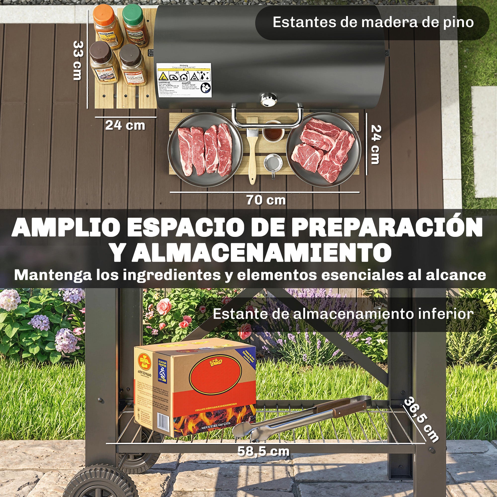 Outsunny Barbacoa de Carbón Portátil, Barbacoa de Carbón Móvil con Estantes Plegables, Termómetro, Tapa, Ventilaciones Ajustables, Recoge Cenizas, Ruedas, Asa, 109x71x98 cm, Negro y Madera Natural