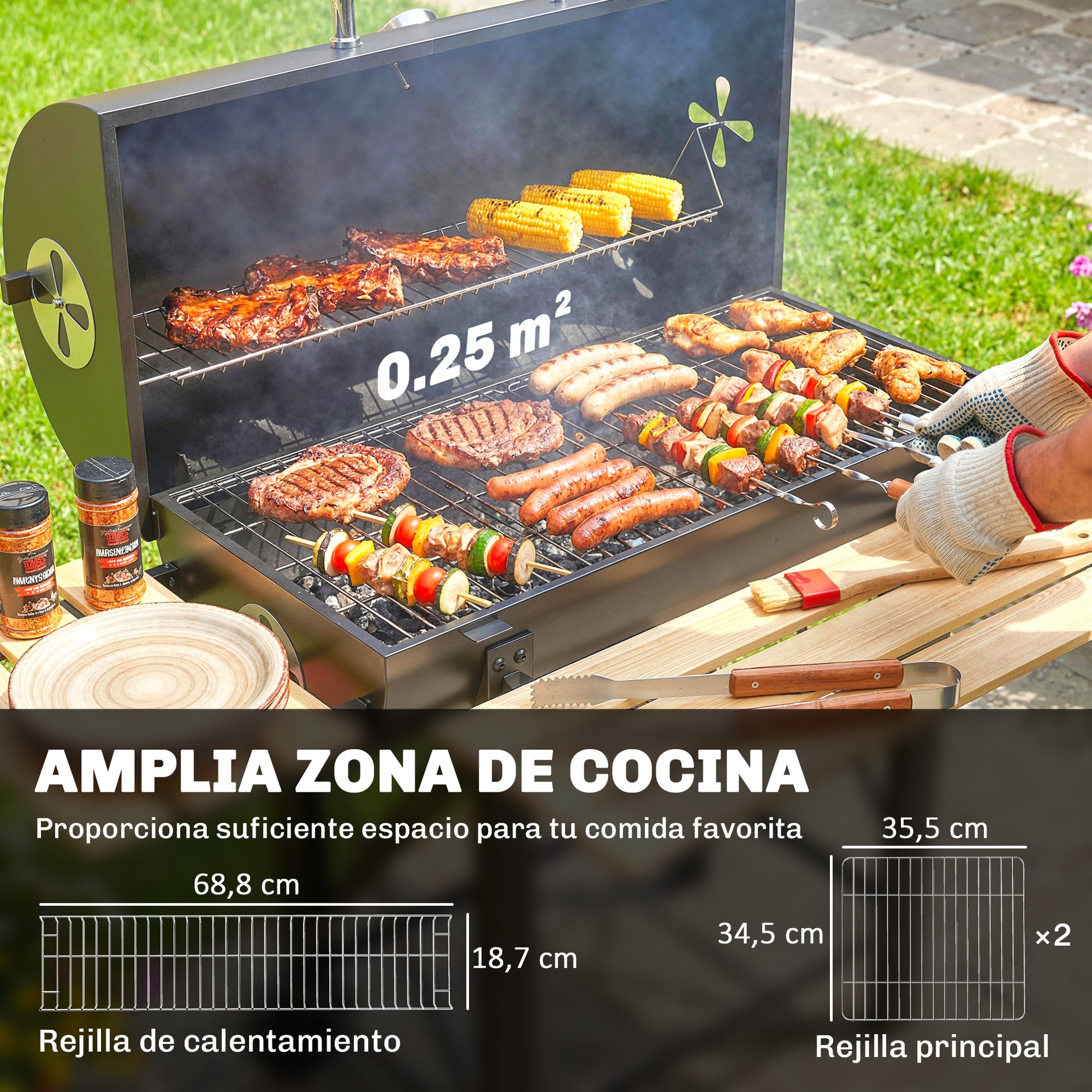 Outsunny Barbacoa de Carbón Portátil, Barbacoa de Carbón Móvil con Estantes Plegables, Termómetro, Tapa, Ventilaciones Ajustables, Recoge Cenizas, Ruedas, Asa, 109x71x98 cm, Negro y Madera Natural
