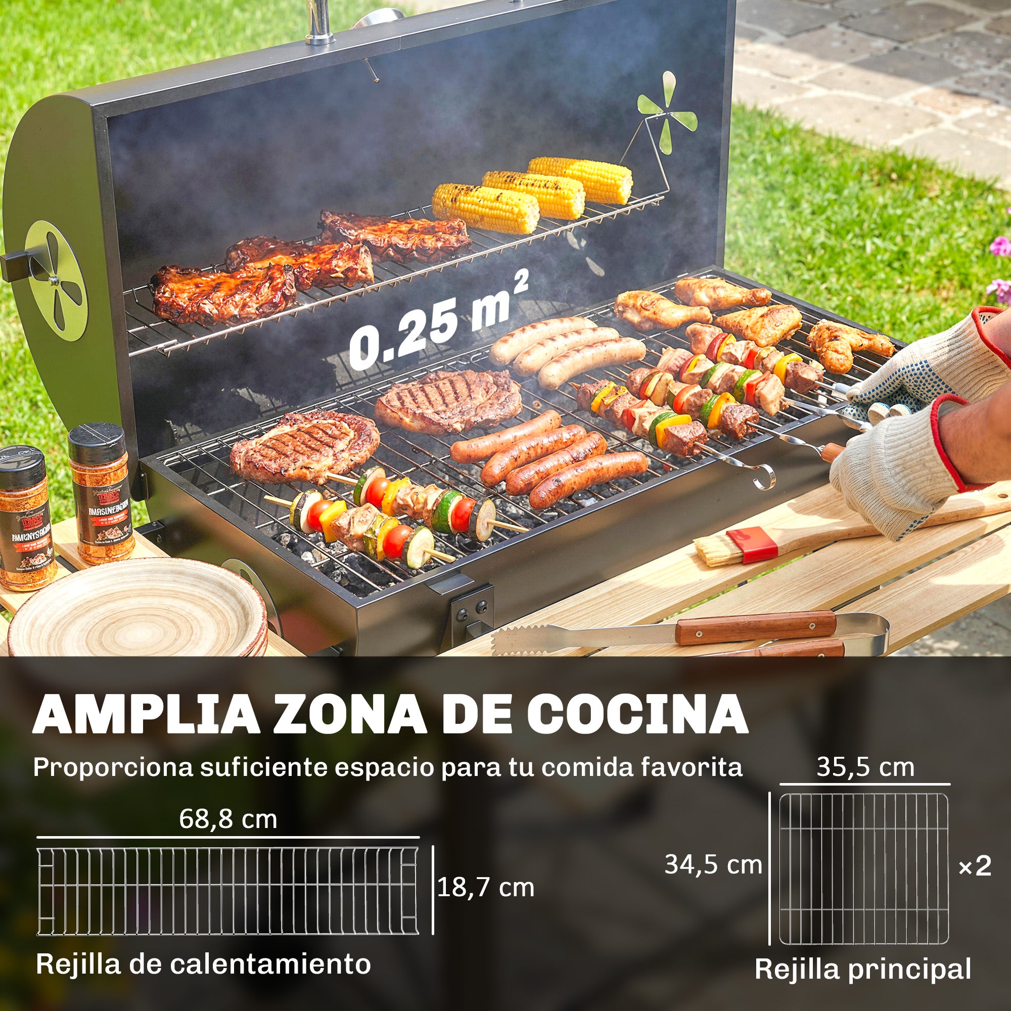 Outsunny Barbacoa de Carbón Portátil, Barbacoa de Carbón Móvil con Estantes Plegables, Termómetro, Tapa, Ventilaciones Ajustables, Recoge Cenizas, Ruedas, Asa, 109x71x98 cm, Negro y Madera Natural