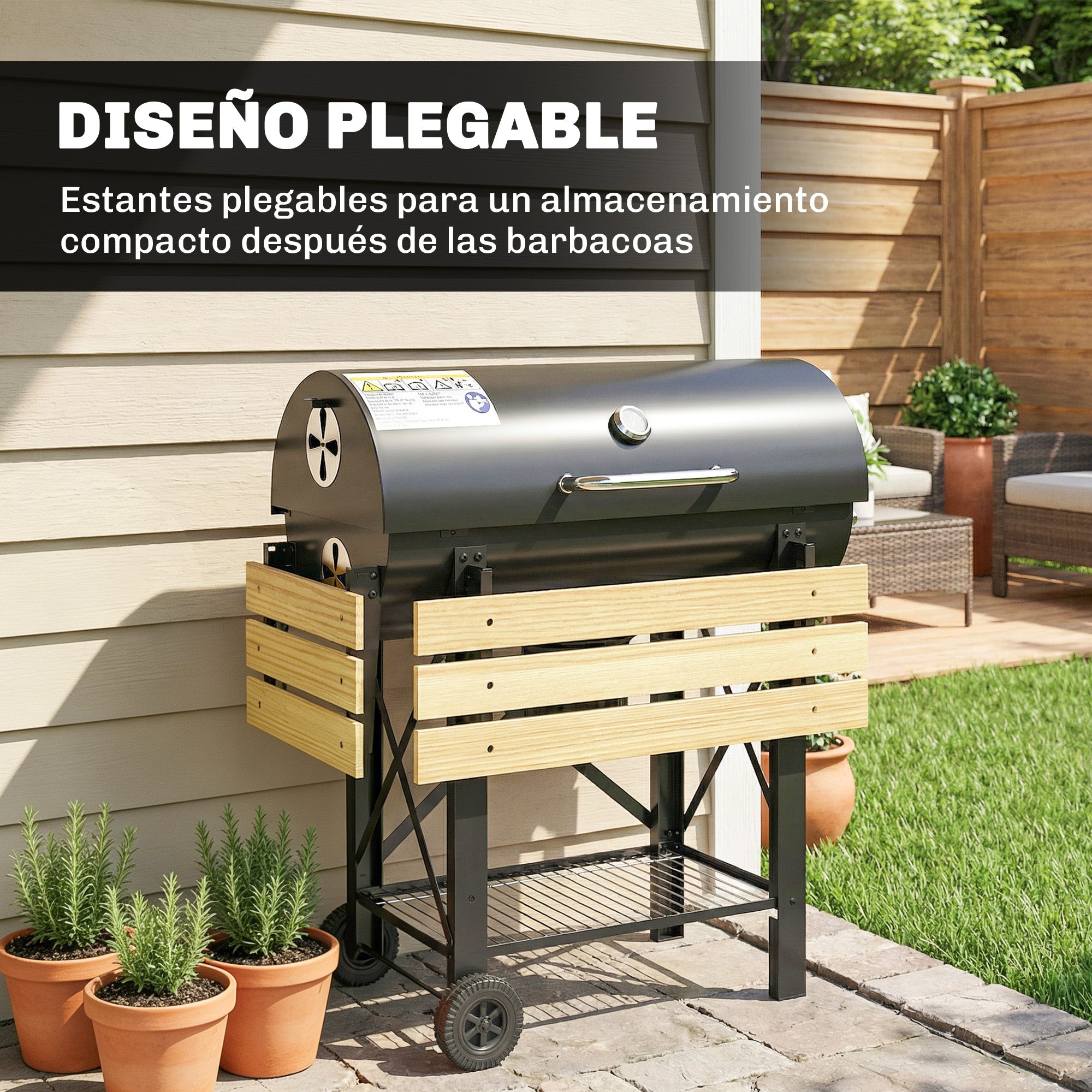 Outsunny Barbacoa de Carbón Portátil, Barbacoa de Carbón Móvil con Estantes Plegables, Termómetro, Tapa, Ventilaciones Ajustables, Recoge Cenizas, Ruedas, Asa, 109x71x98 cm, Negro y Madera Natural