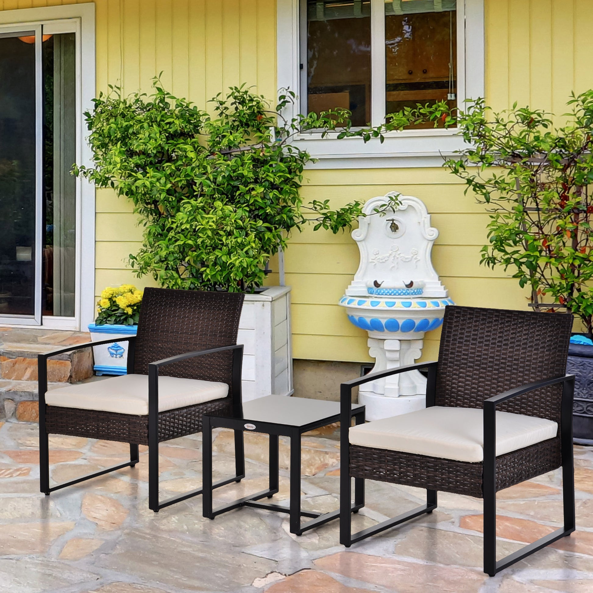 Outsunny Conjunto de Mesa y Sillas de Jardín para Exterior Juego de 3 Piezas Sillas y Mesa de Ratán Incluye 2 Sillones y 1 Mesa de Centro de Vidrio Marrón