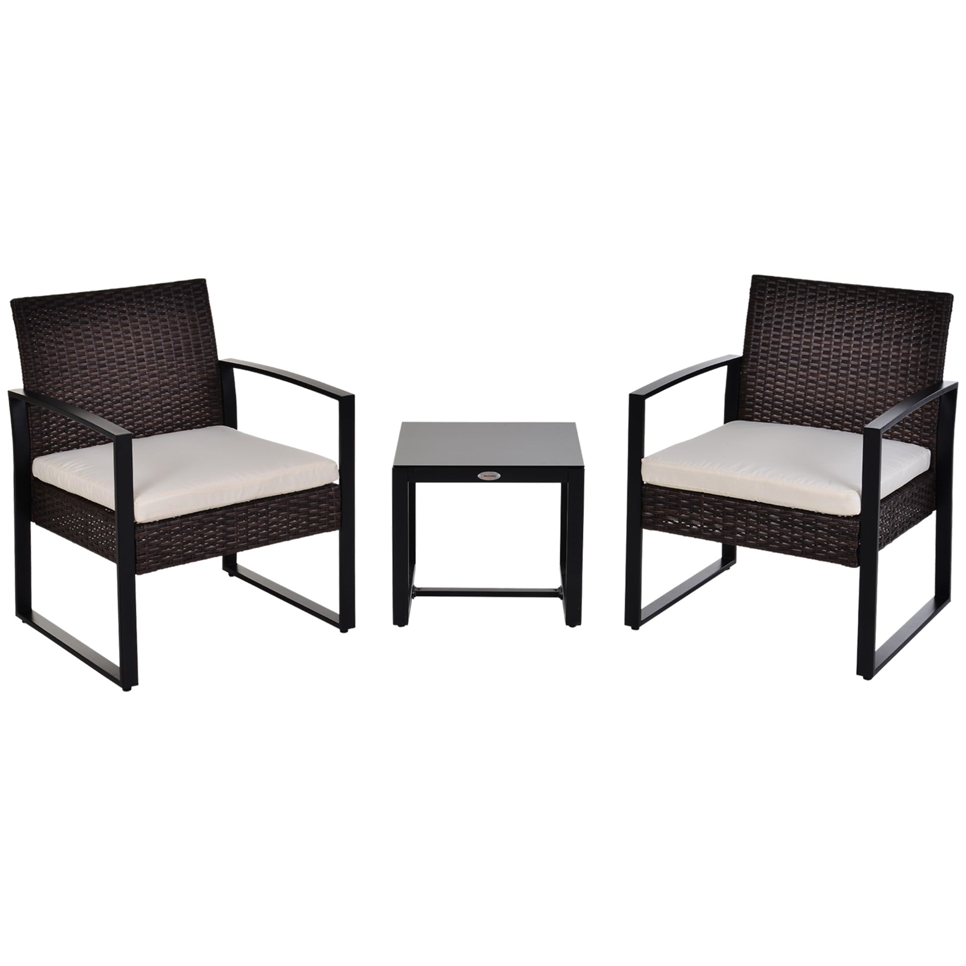 Outsunny Conjunto de Mesa y Sillas de Jardín para Exterior Juego de 3 Piezas Sillas y Mesa de Ratán Incluye 2 Sillones y 1 Mesa de Centro de Vidrio Marrón