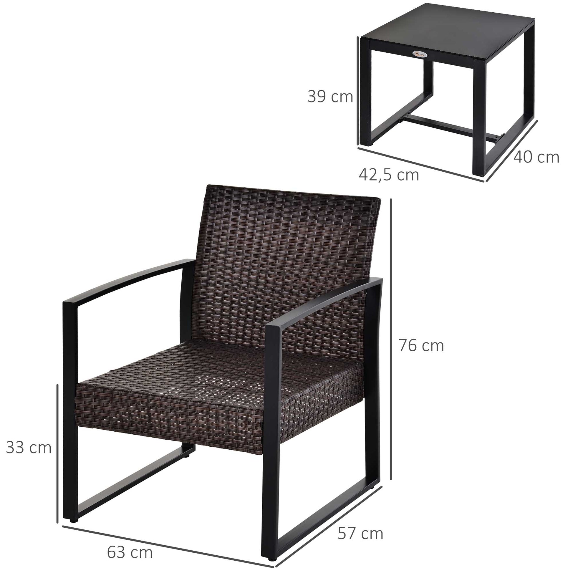 Outsunny Conjunto de Mesa y Sillas de Jardín para Exterior Juego de 3 Piezas Sillas y Mesa de Ratán Incluye 2 Sillones y 1 Mesa de Centro de Vidrio Marrón