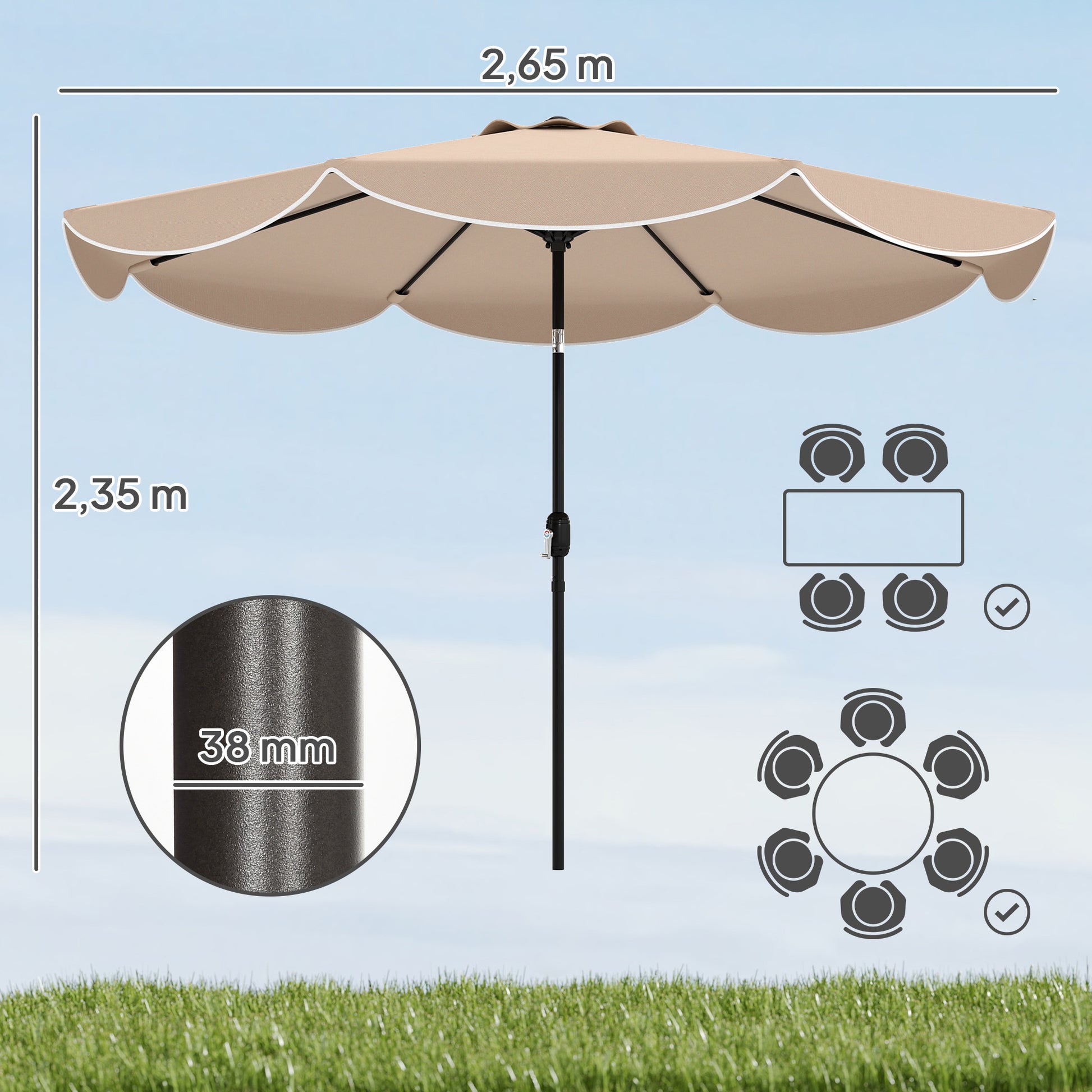 Outsunny Sombrilla Terraza Exterior, Ø2,7 m, Sombrilla de Jardín con Inclinación Ajustable 3 Posiciones, Manivela y Volantes, Impermeable, Parasol para Playa, Patio, Terraza, Caqui